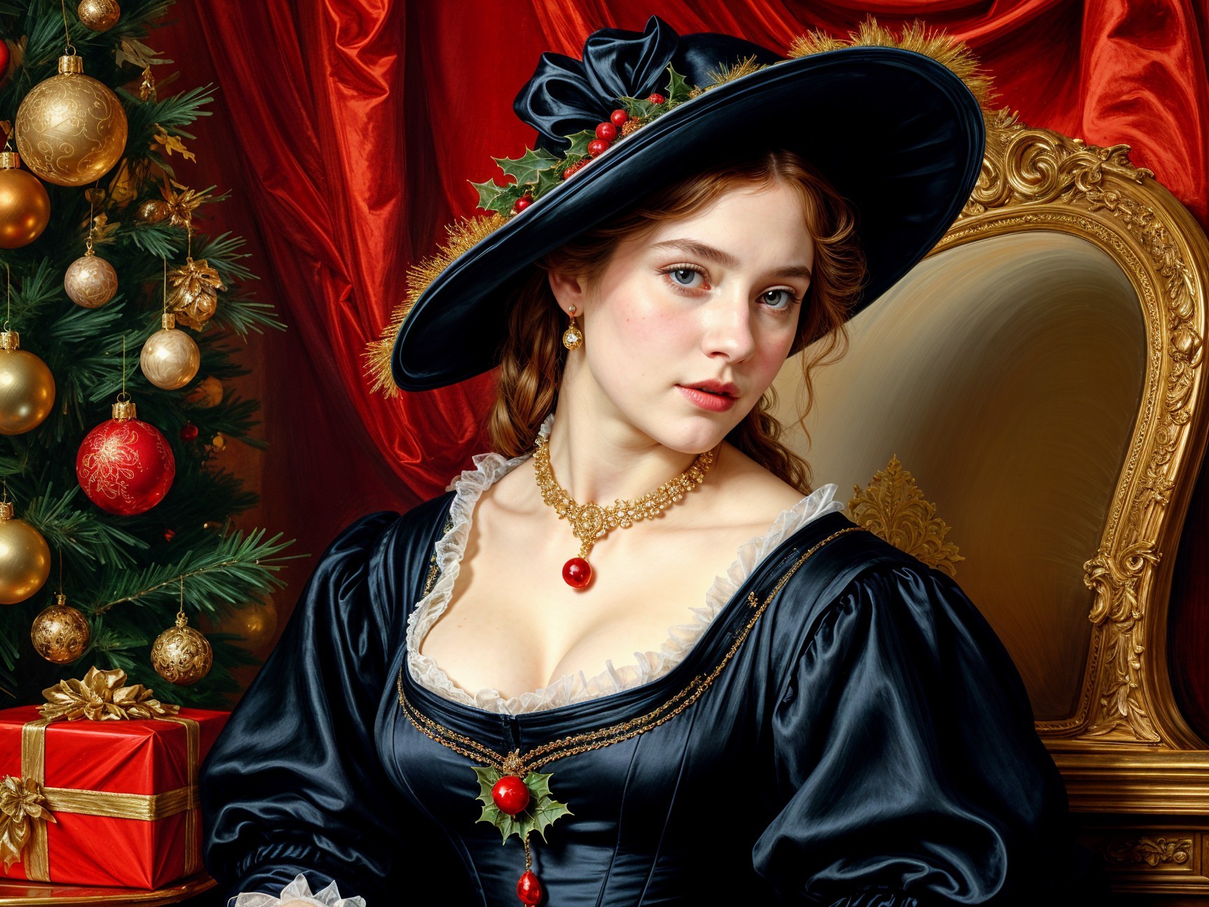 Young woman in black gown by decorated Christmas tree