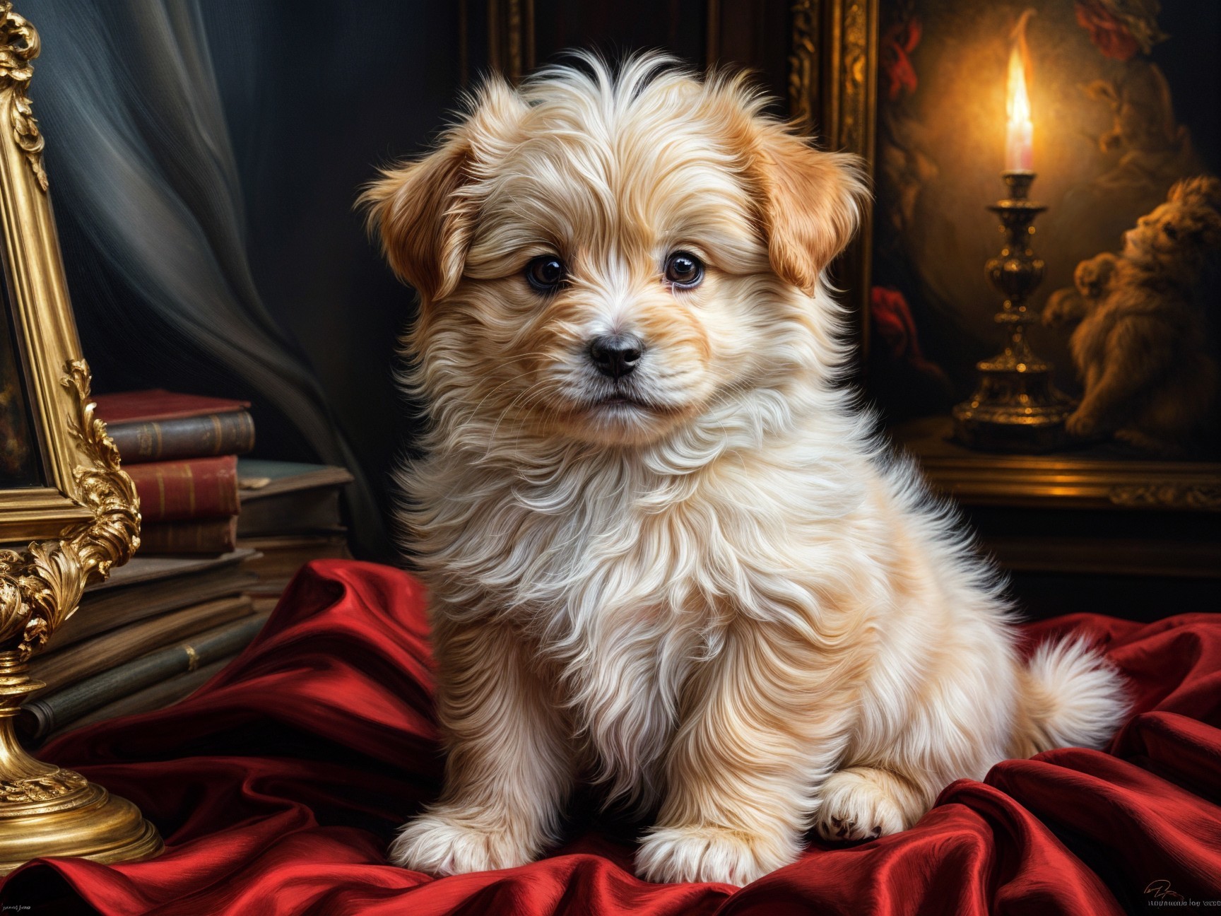 Fluffy Golden Puppy on Red Velvet Drape with Decor