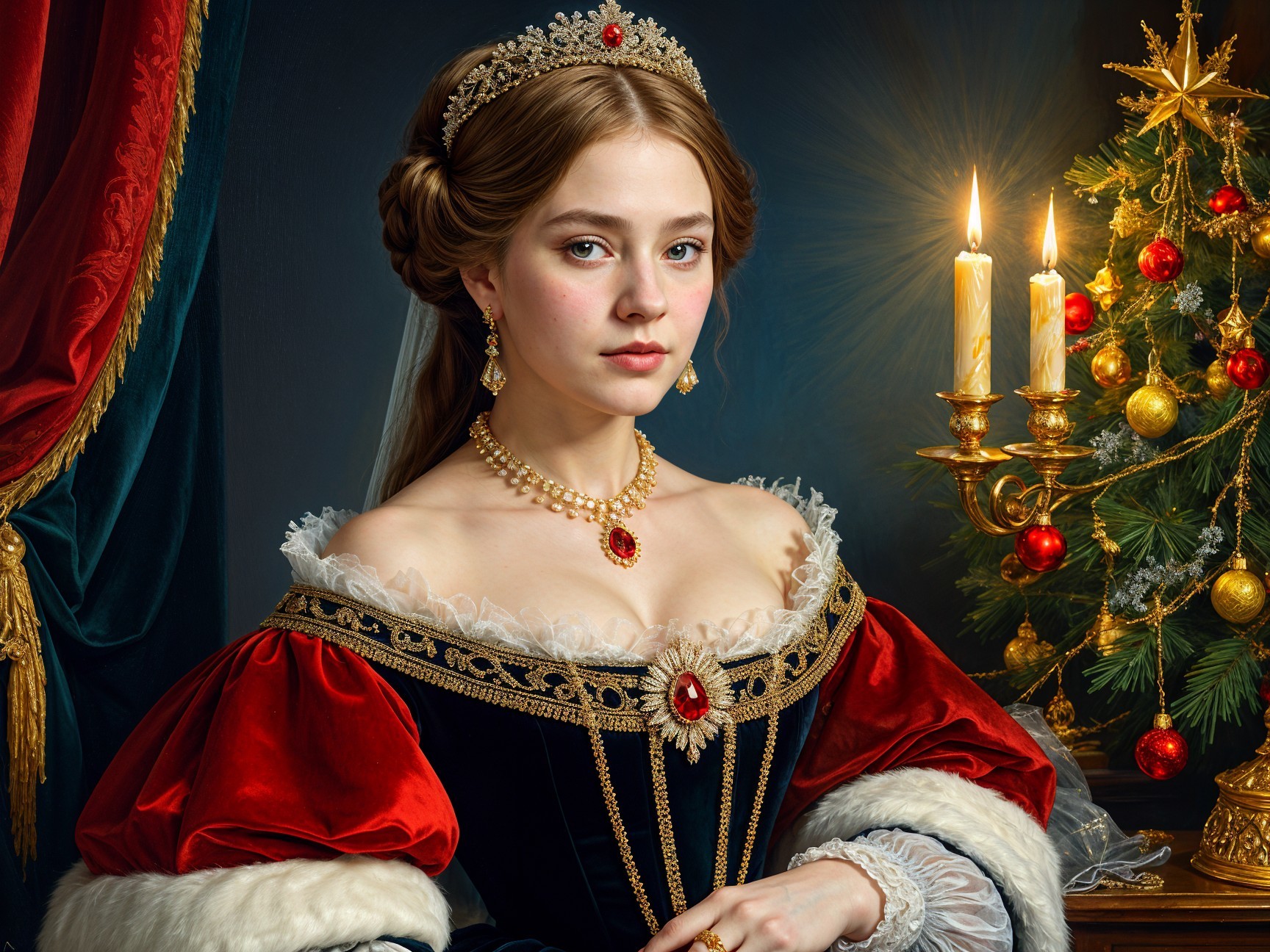 Young woman in regal gown with festive Christmas decor