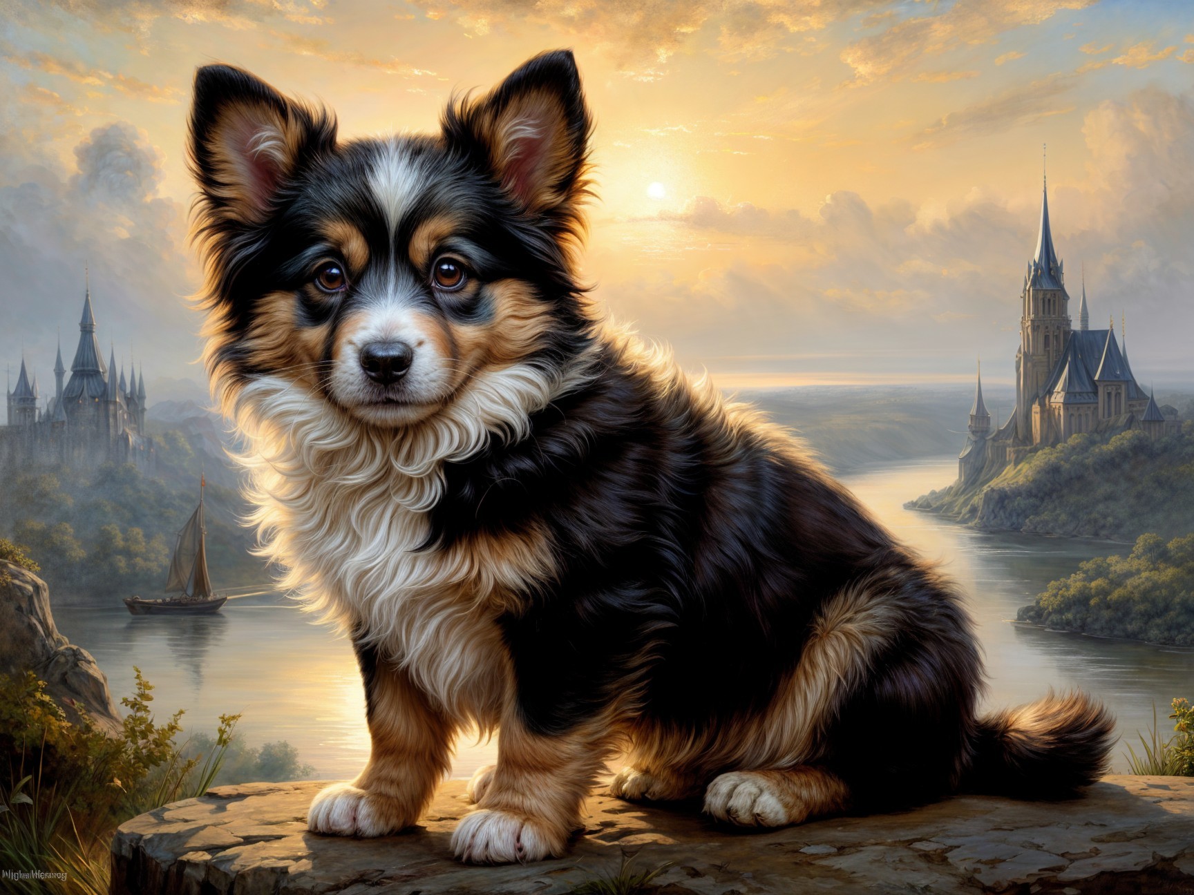 Fluffy Dog by Serene River and Castle at Sunset