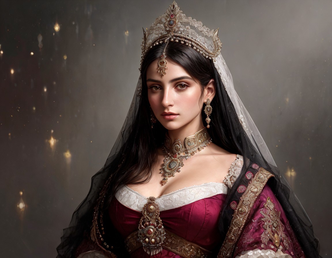 Regal Woman in Burgundy Gown with Crown and Jewelry