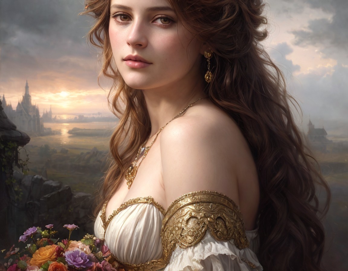 Woman in fantasy medieval dress with bouquet, misty castle landscape