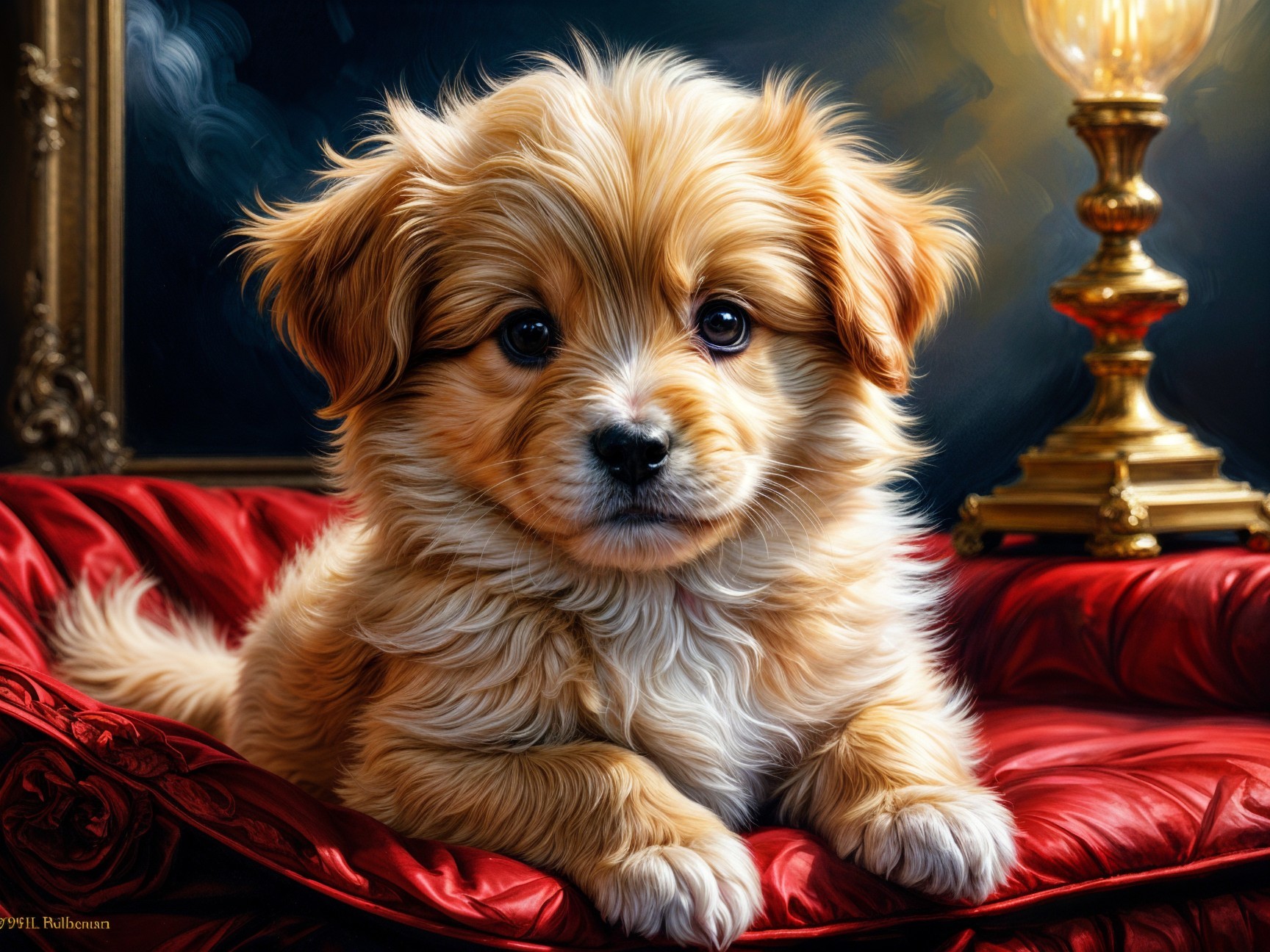 Golden-brown puppy on red velvet cushion with lamp glow