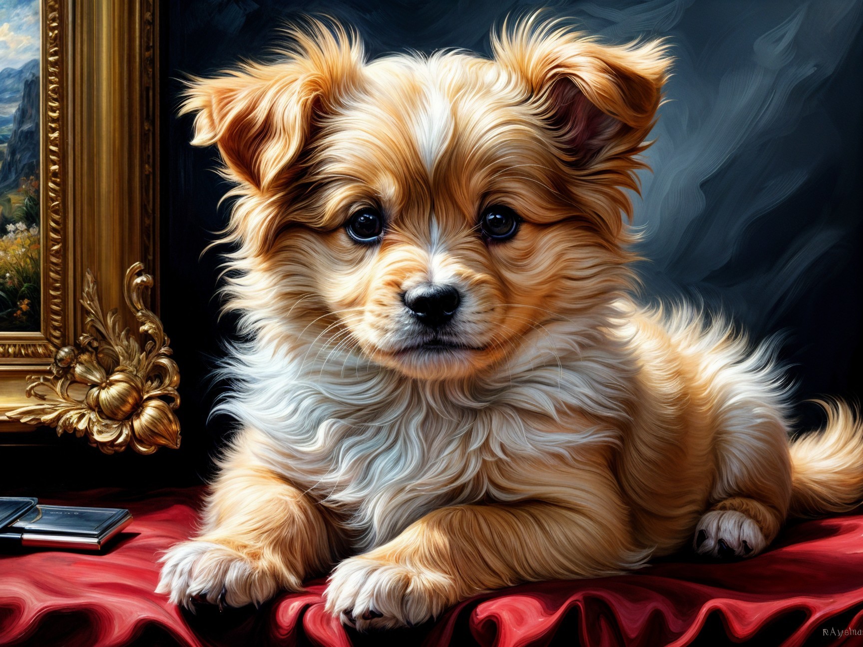 Golden-brown fluffy puppy on red fabric background