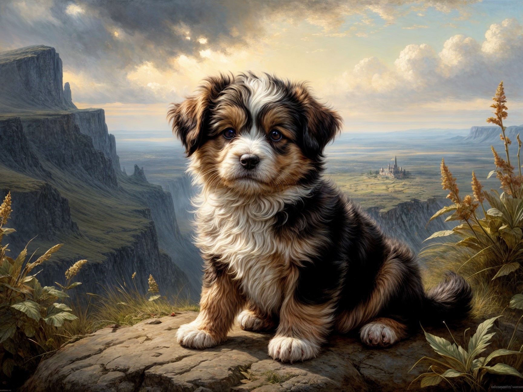 Fluffy Puppy on Rocky Ledge with Scenic Landscape