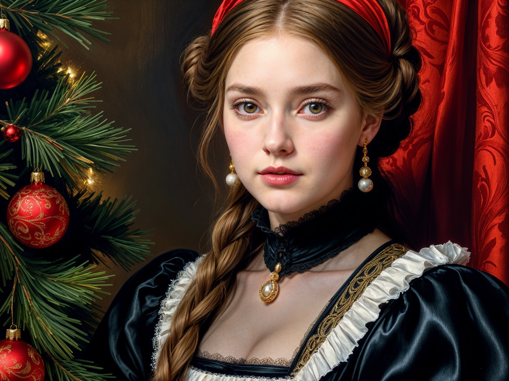 Young woman in black dress with festive Christmas backdrop