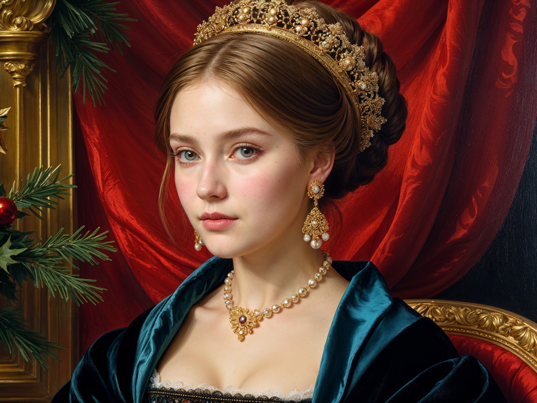 Elegant Young Woman in Dark Blue Gown and Crown
