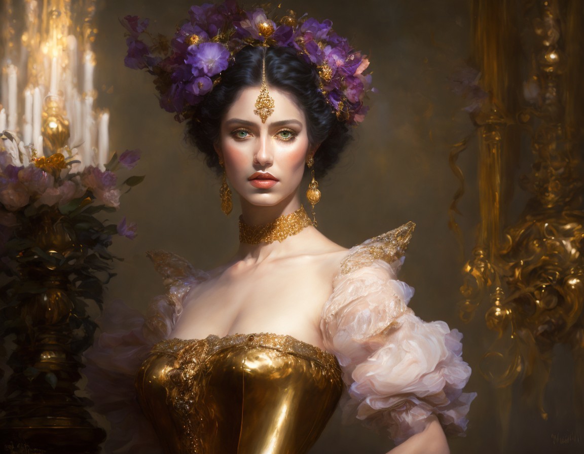 Painting of a Woman in Floral Crown and Jewelry