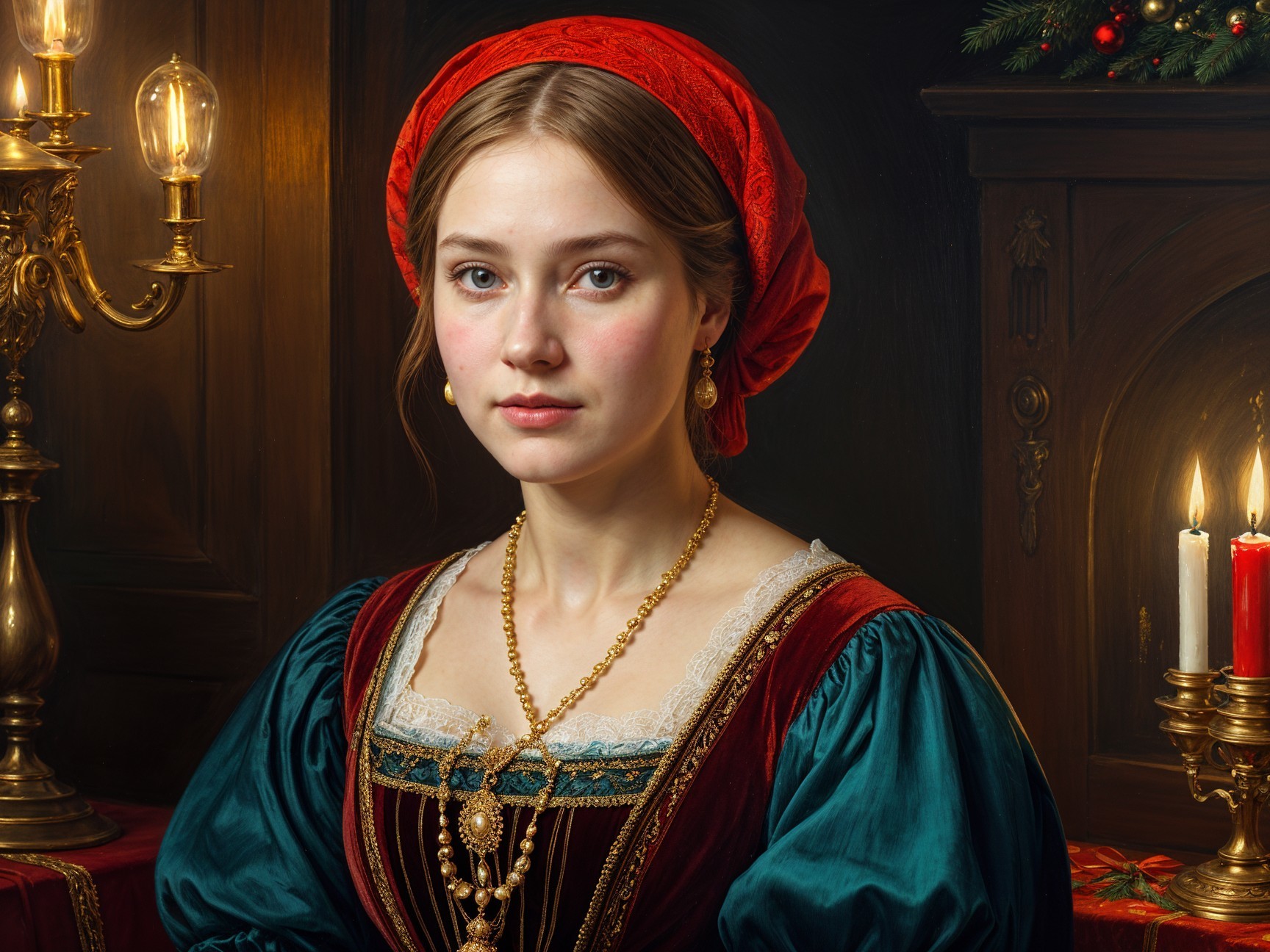 Young Woman in Historical Outfit with Elegant Jewelry