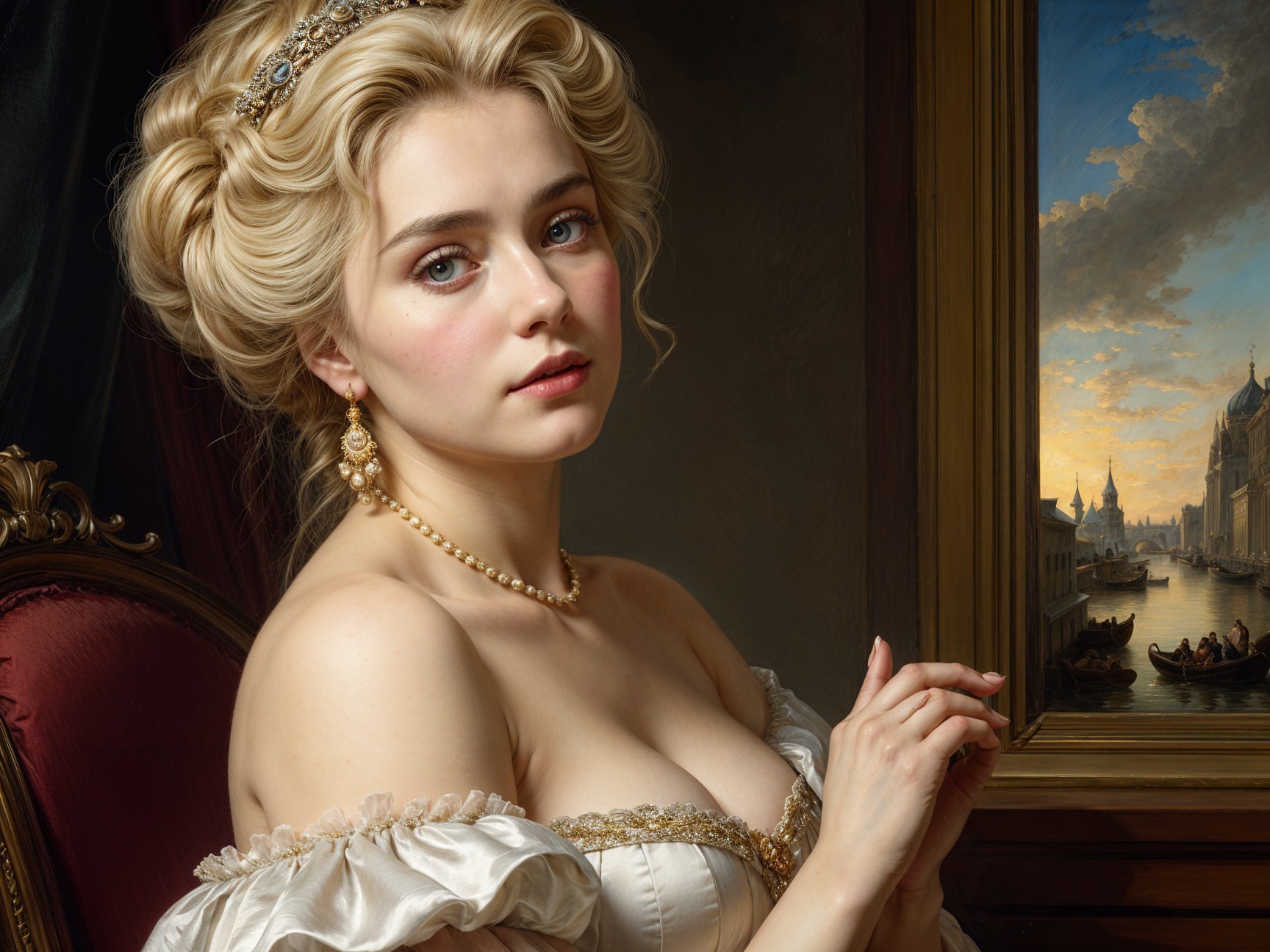 Young woman in elegant gown with serene cityscape backdrop