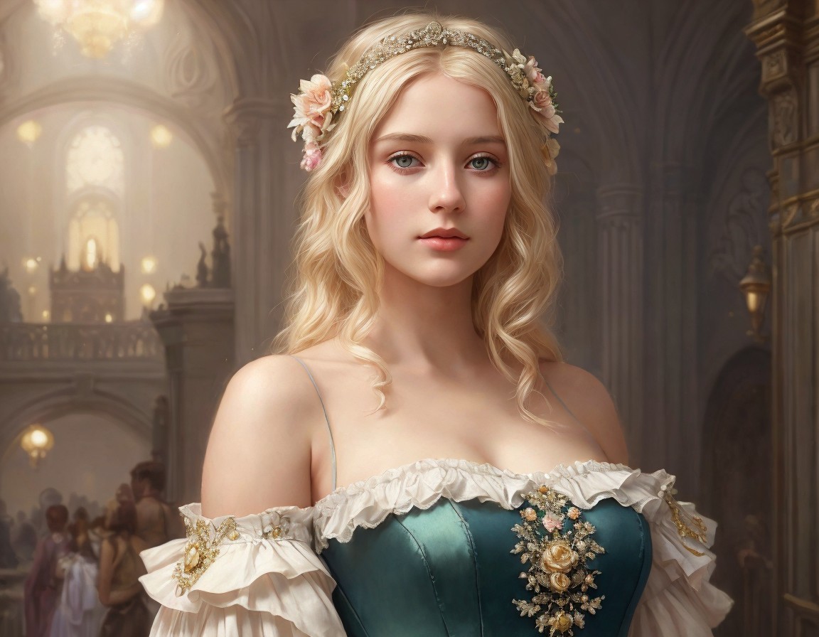 Young Woman in Turquoise Gown in Elegant Hall