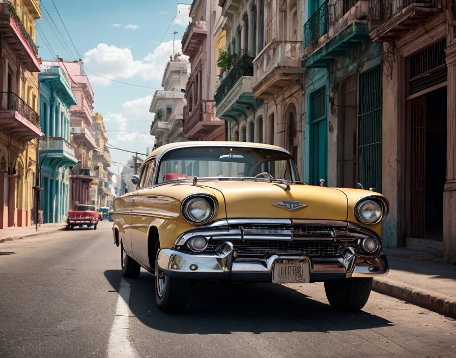 Vintage yellow car parked on sunny street with old buildings