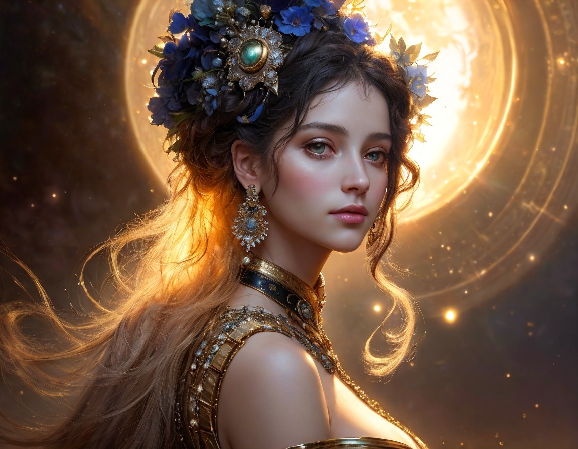 Fantasy Portrait of Woman with Floral Headdress