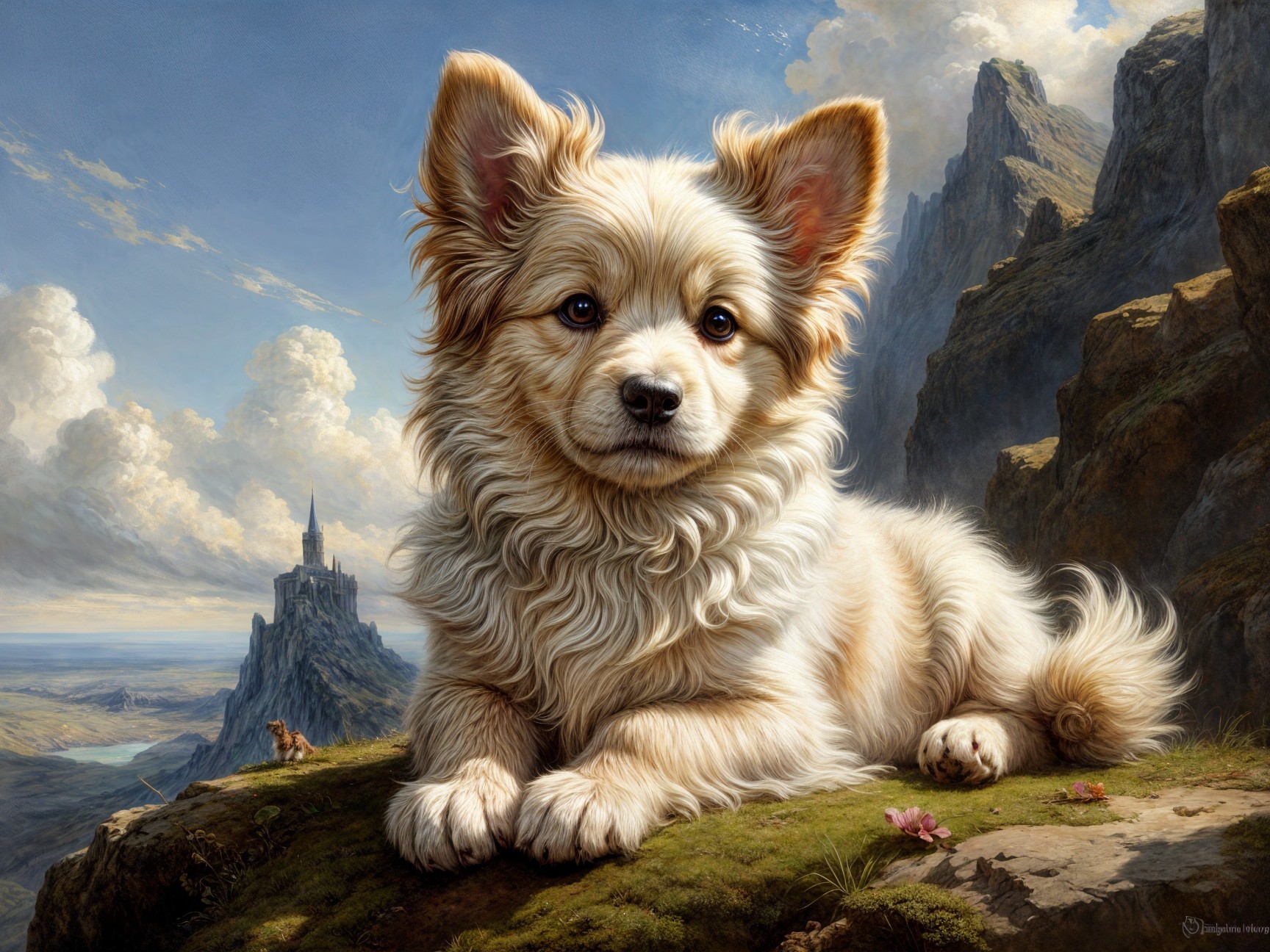 Fluffy Dog on Rocky Outcrop with Mountain Castle View