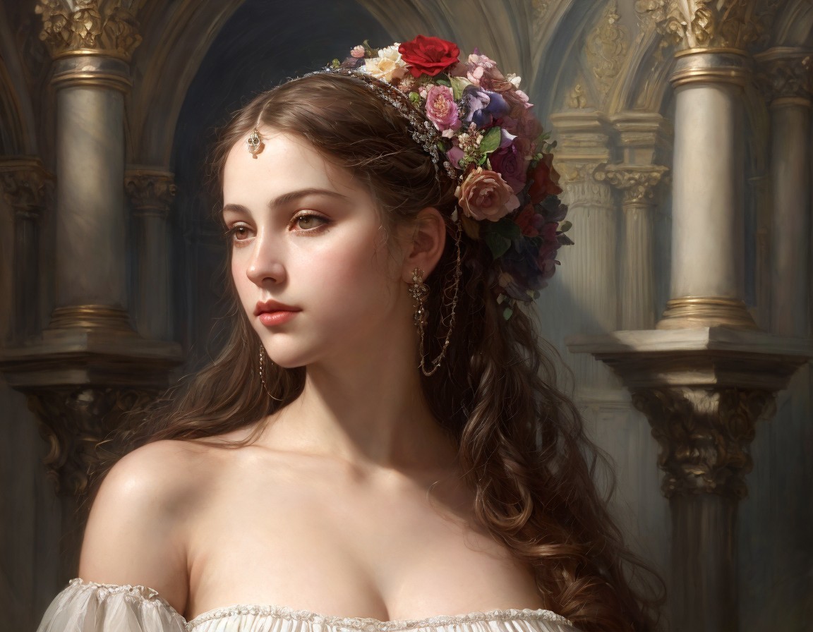 Young woman with floral headdress and elegant gown