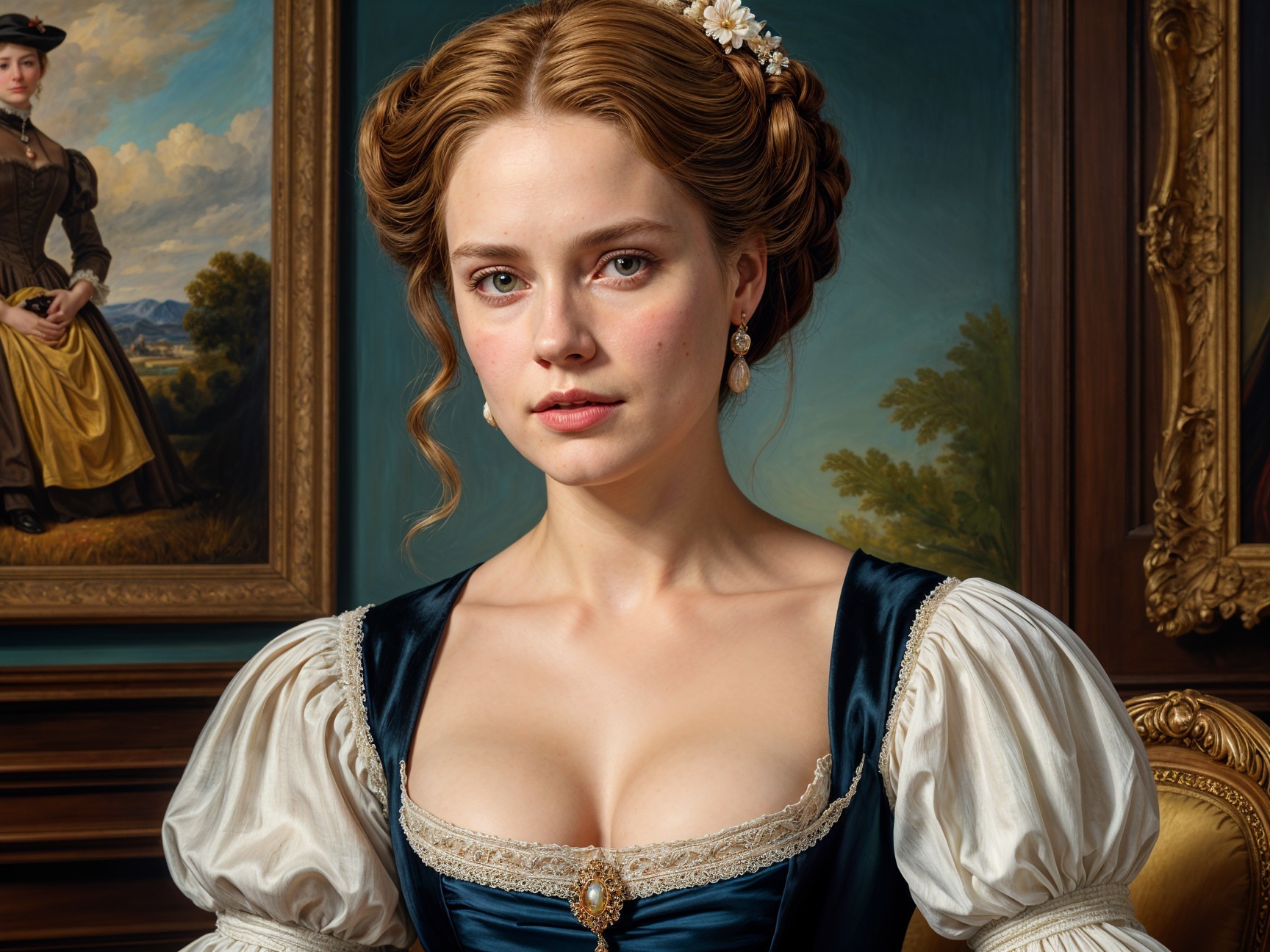 Young Woman in Regal Gown with Classical Background