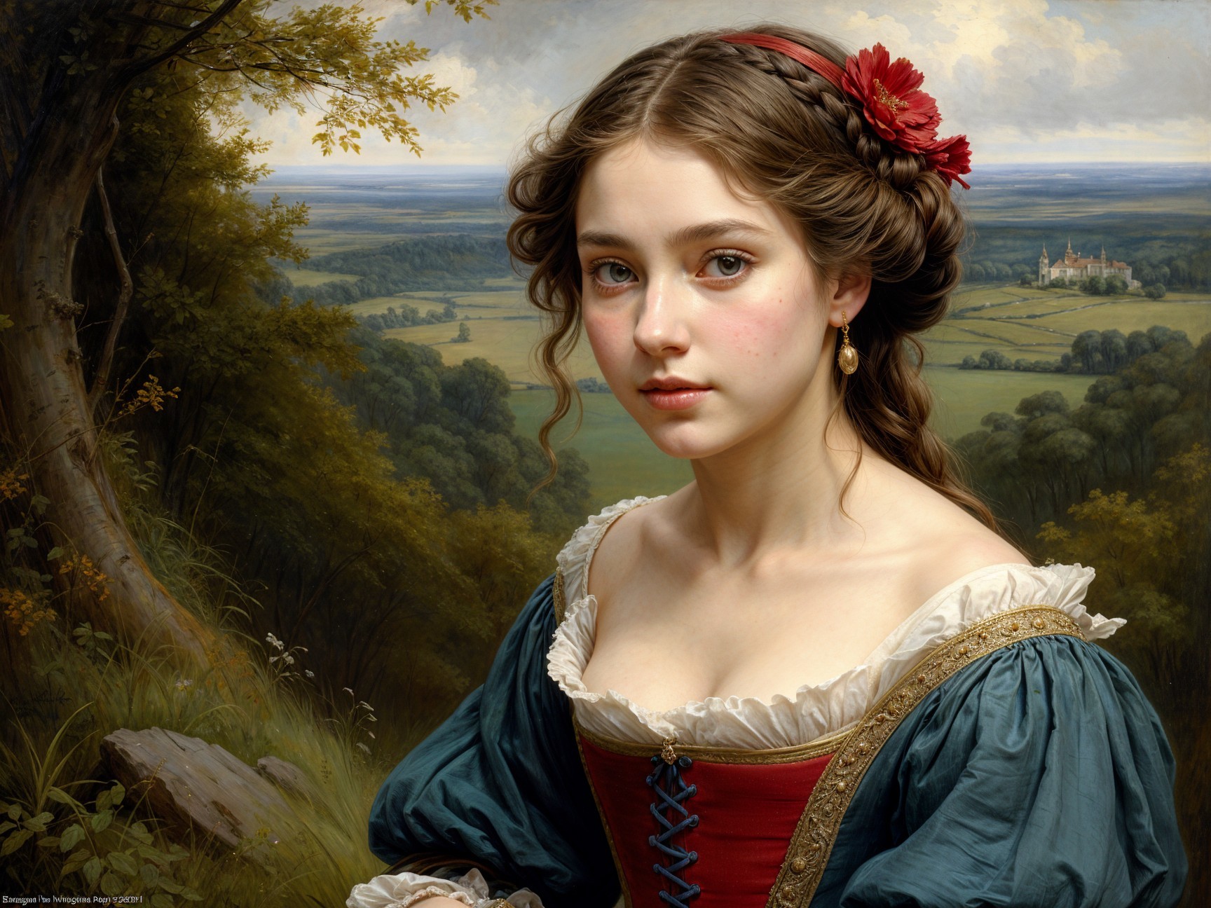Young Woman in Renaissance Outfit Against Scenic Landscape