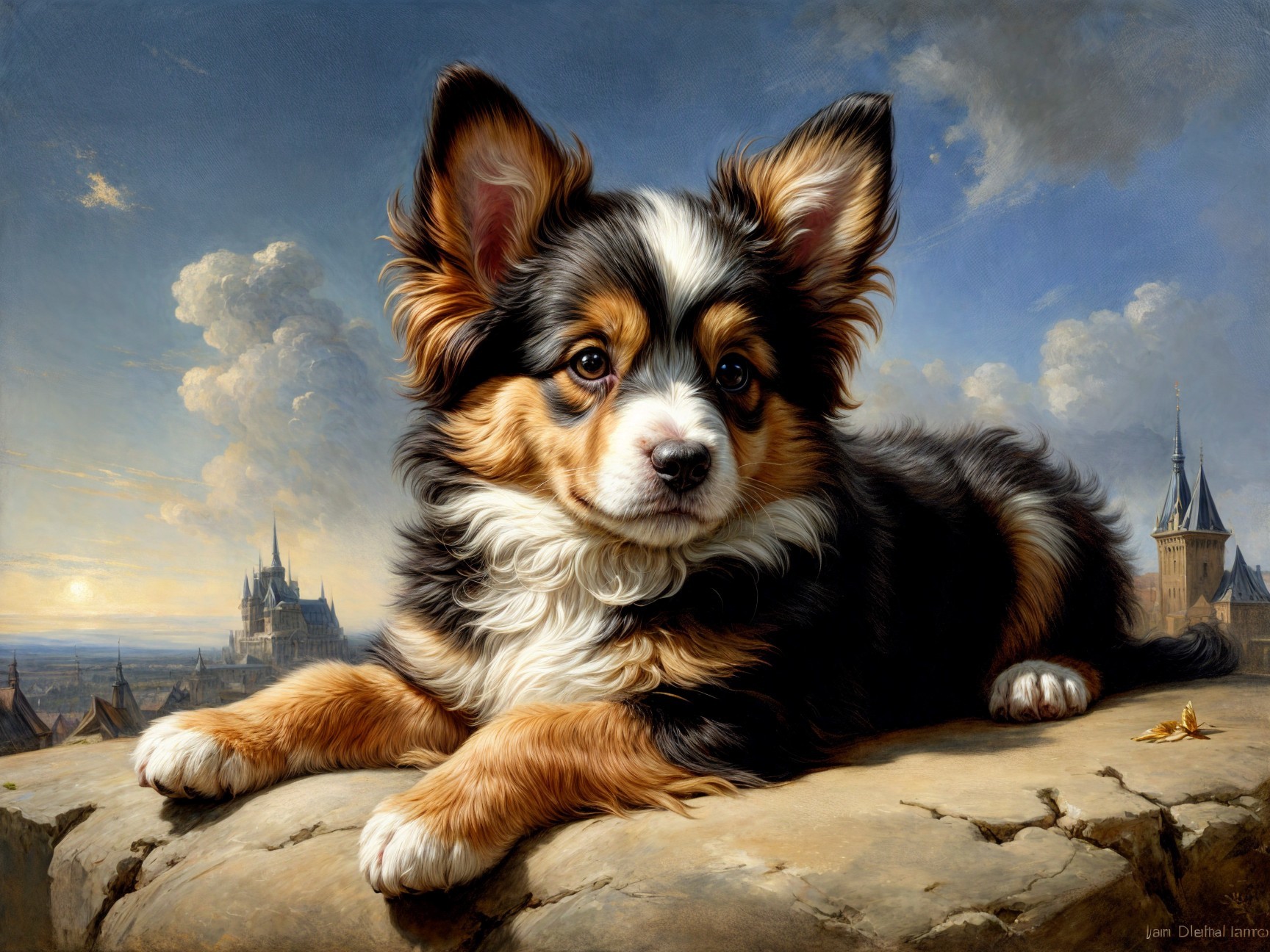 Corgi Puppy on Rocky Ledge with Serene Landscape