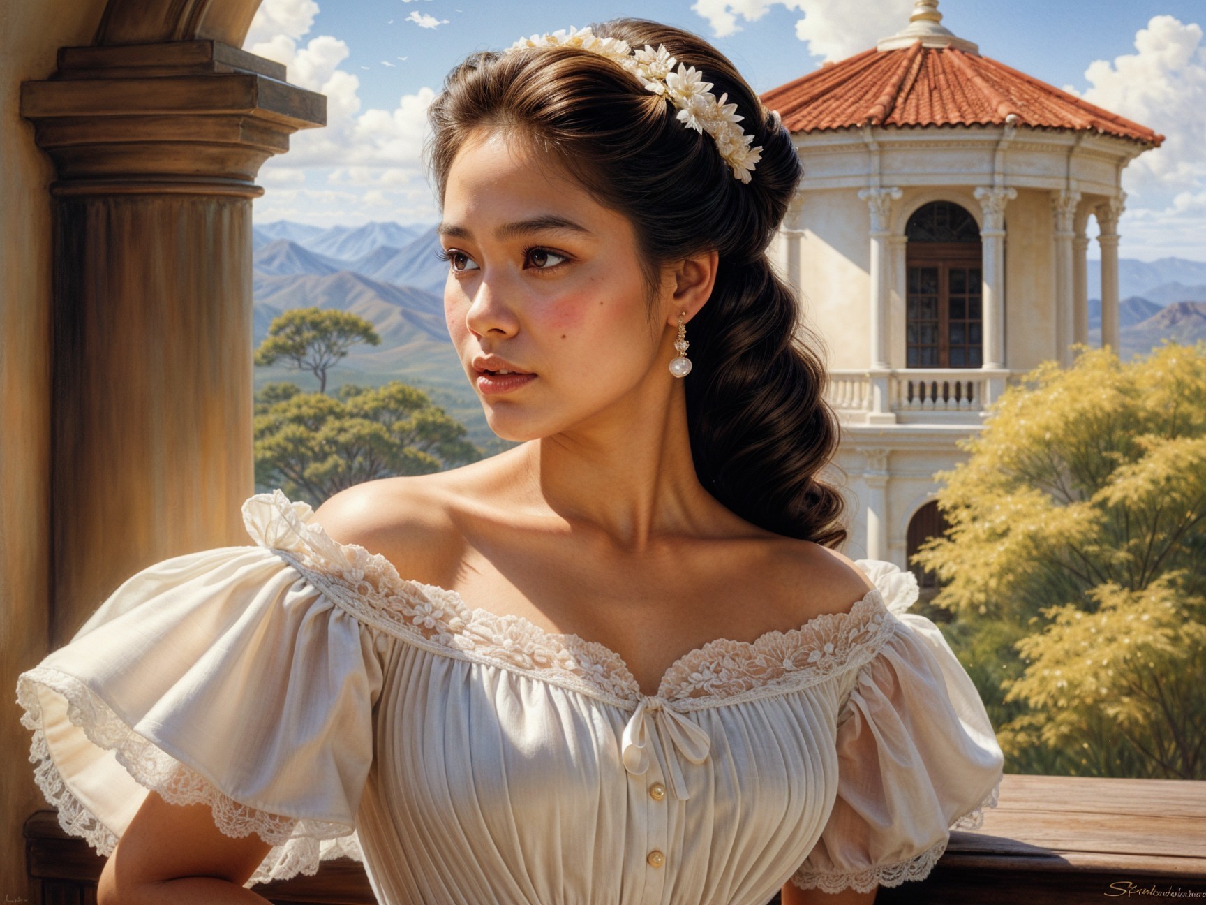 Young woman in white dress against scenic landscape