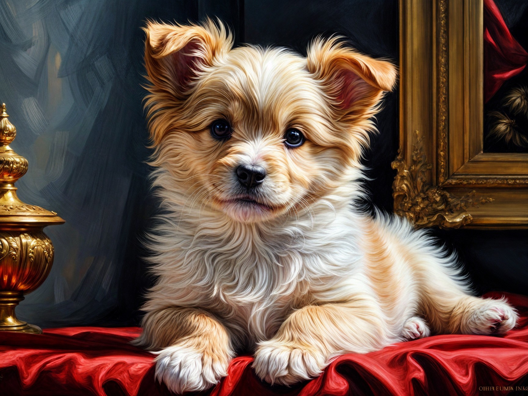 Fluffy Light-Colored Puppy on Red Velvet Surface