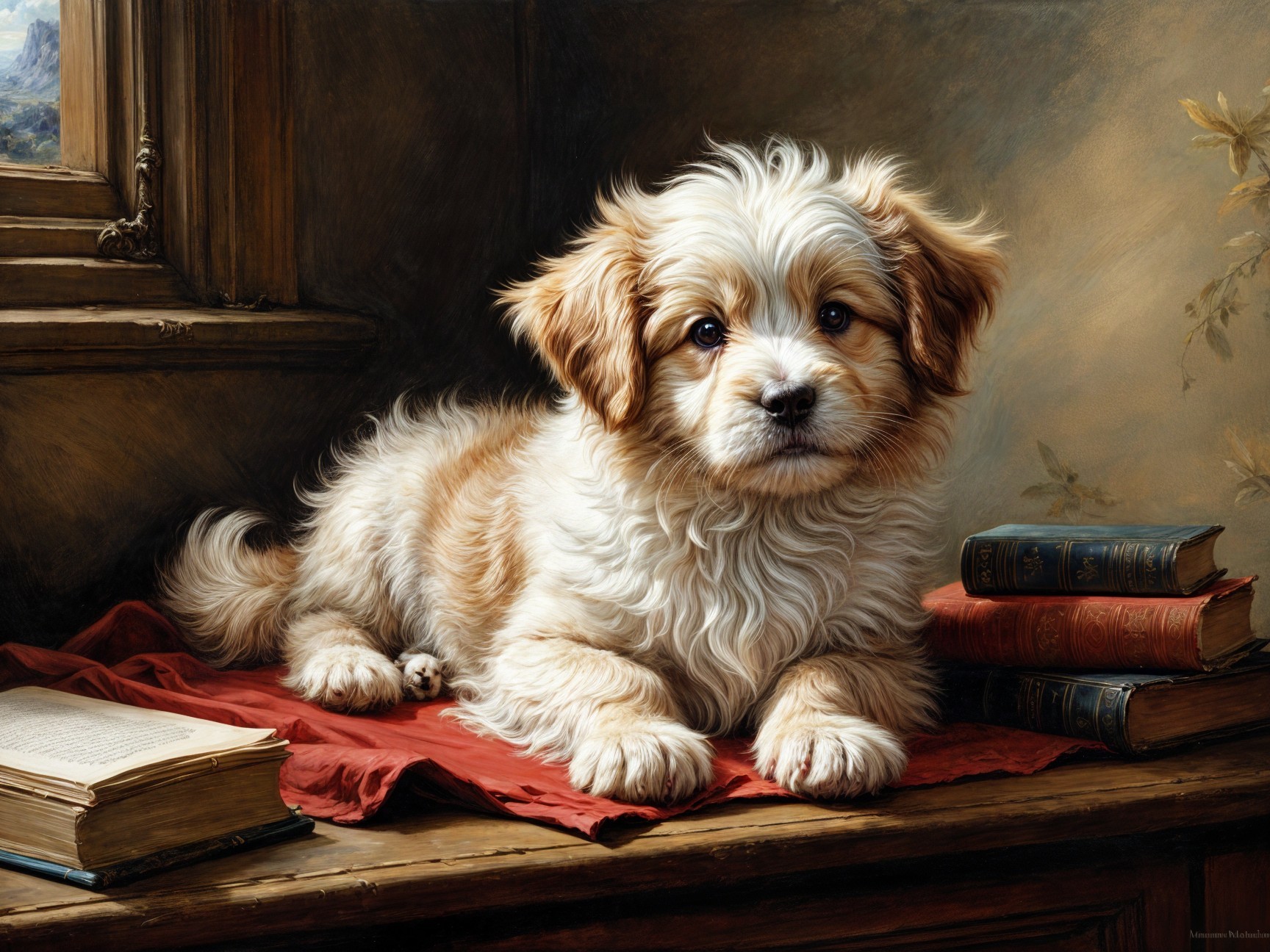 Fluffy Golden-Brown Puppy on Red Cloth with Books