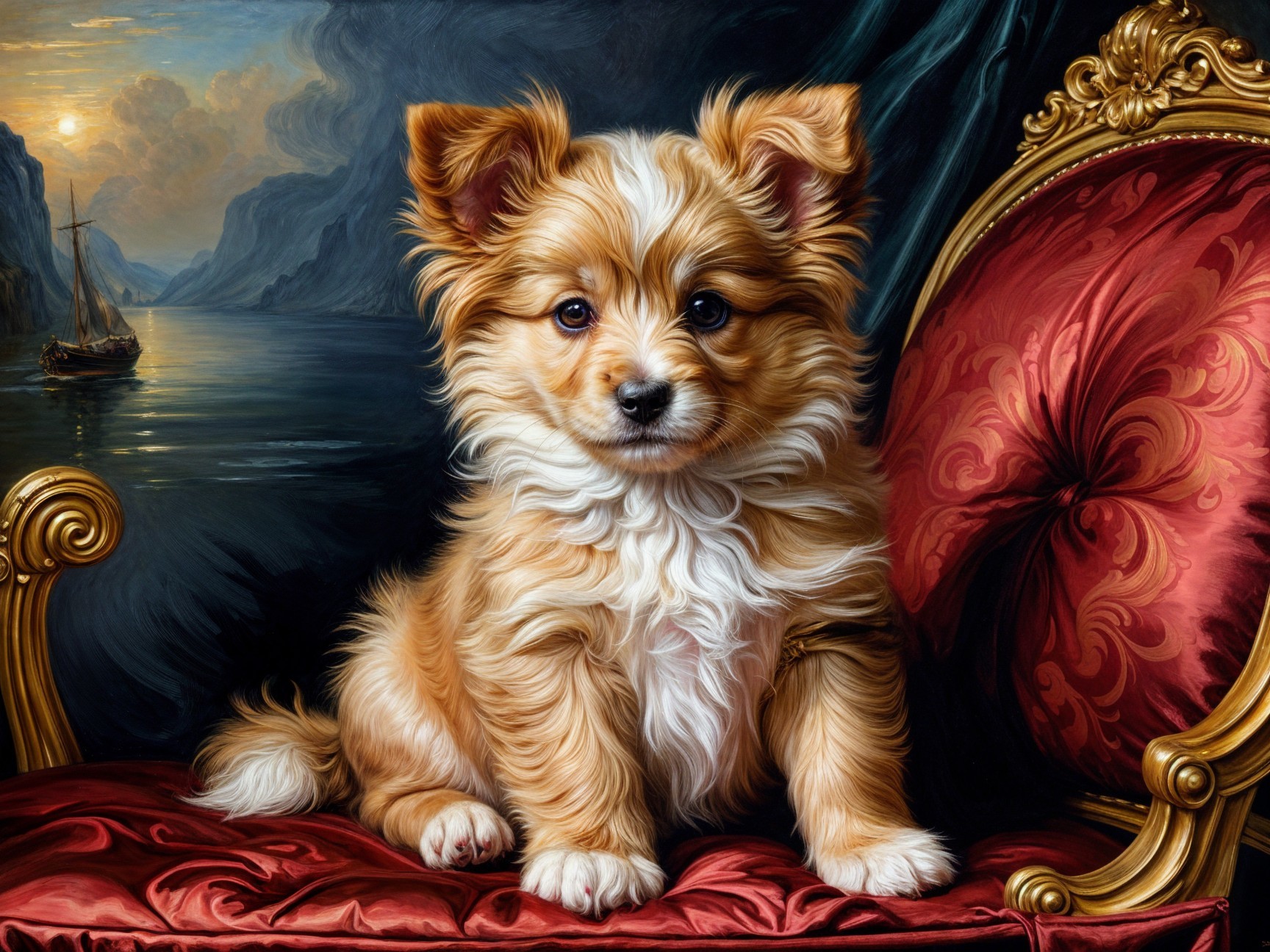 Fluffy Puppy on Ornate Red Chair with Seascape Background