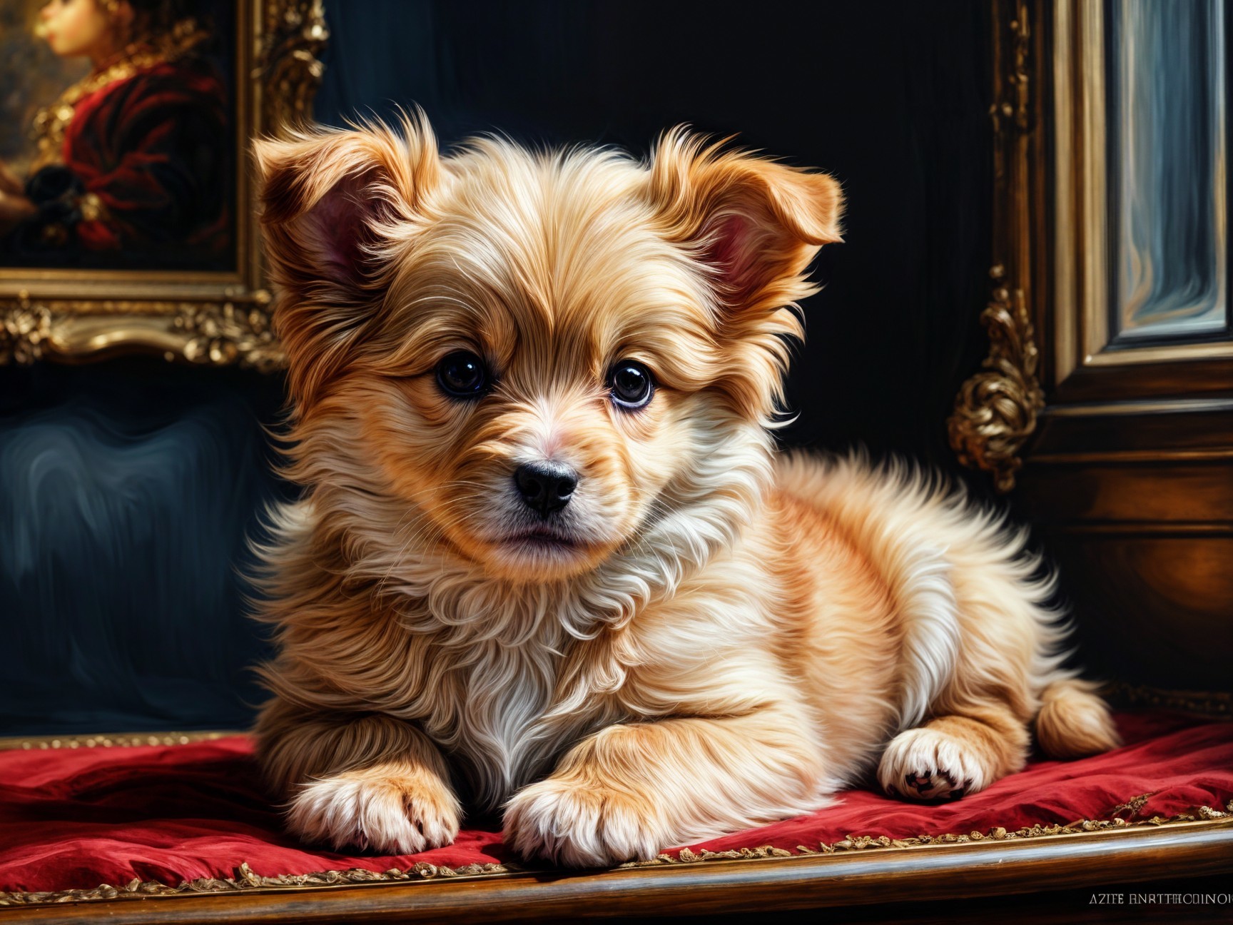 Fluffy Golden-Brown Puppy on Red Velvet Surface