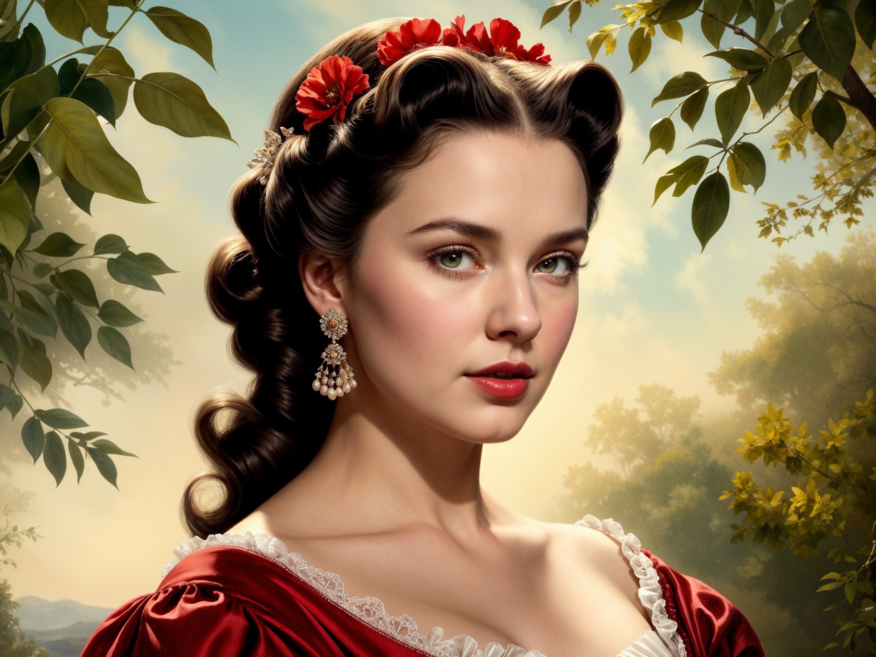 Young woman in red dress with flowers in lush setting