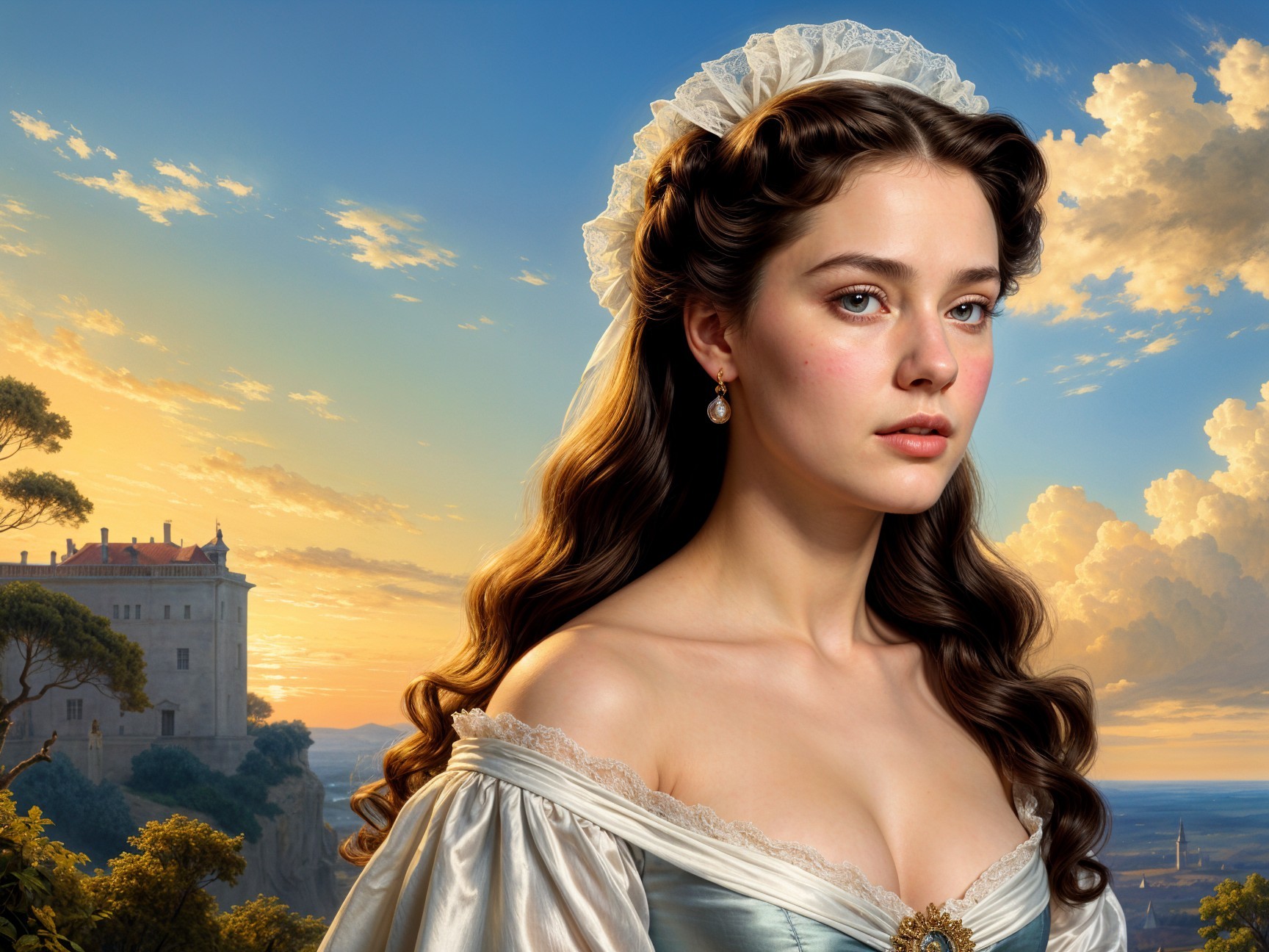 Young woman in blue gown against sunset backdrop