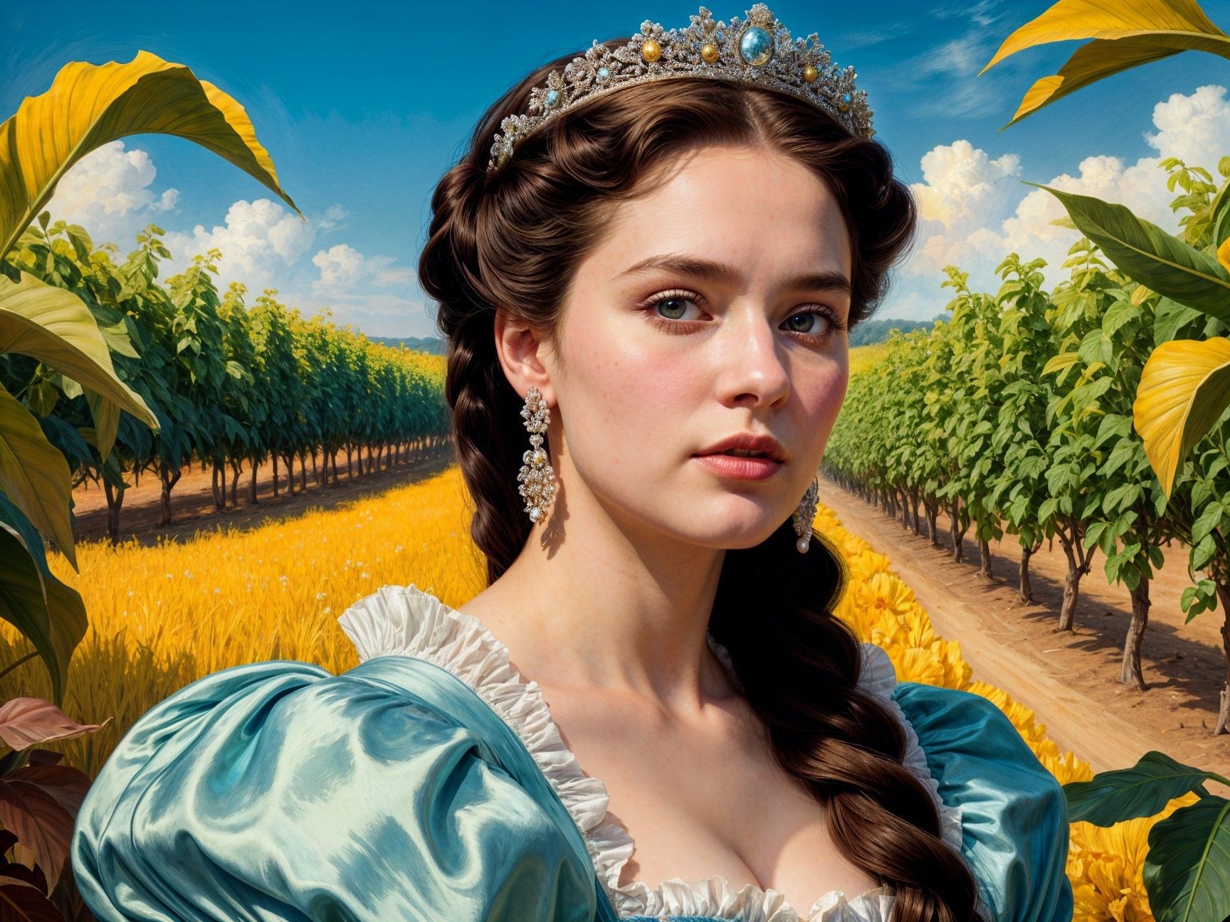 Young Woman in Blue Dress in Sunlit Vineyard
