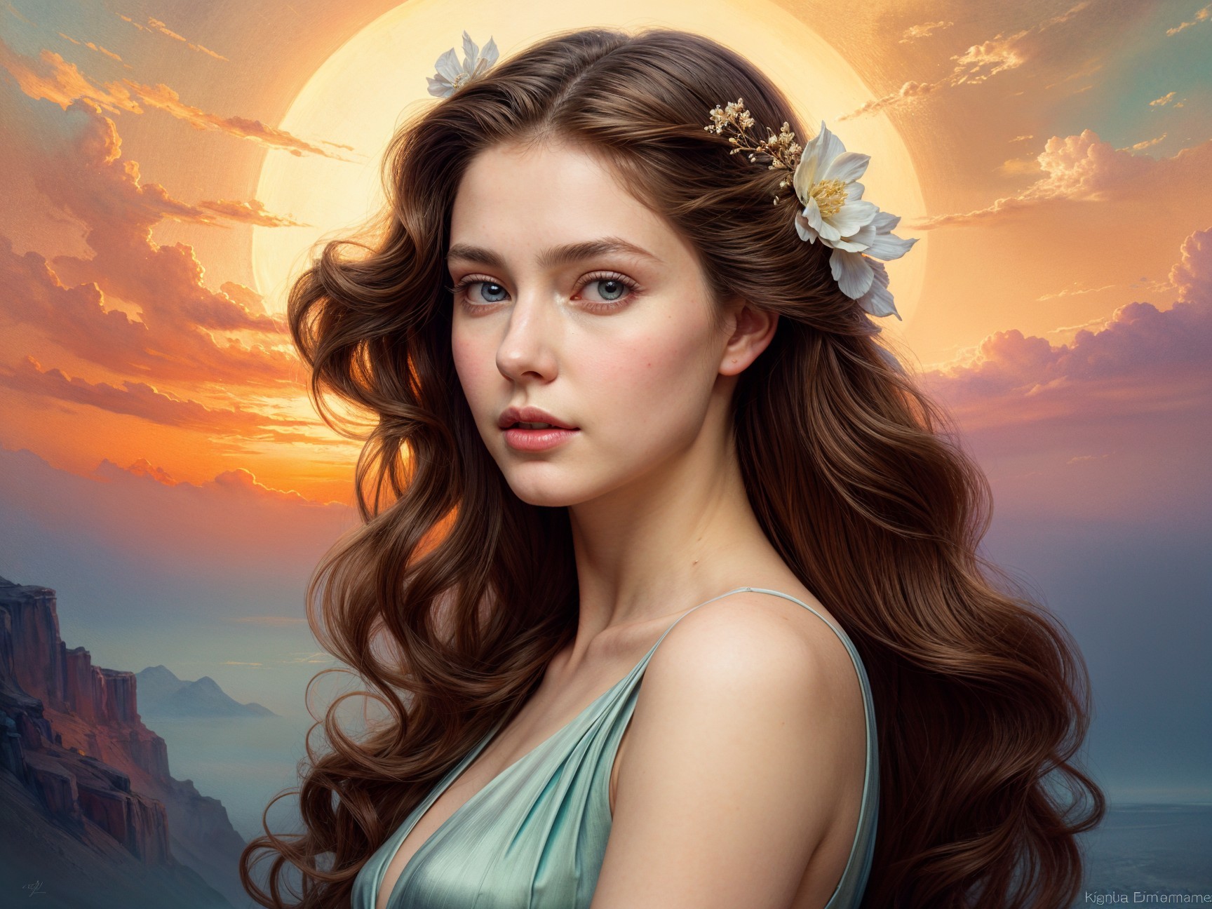 Serene Young Woman in Teal Dress at Sunset
