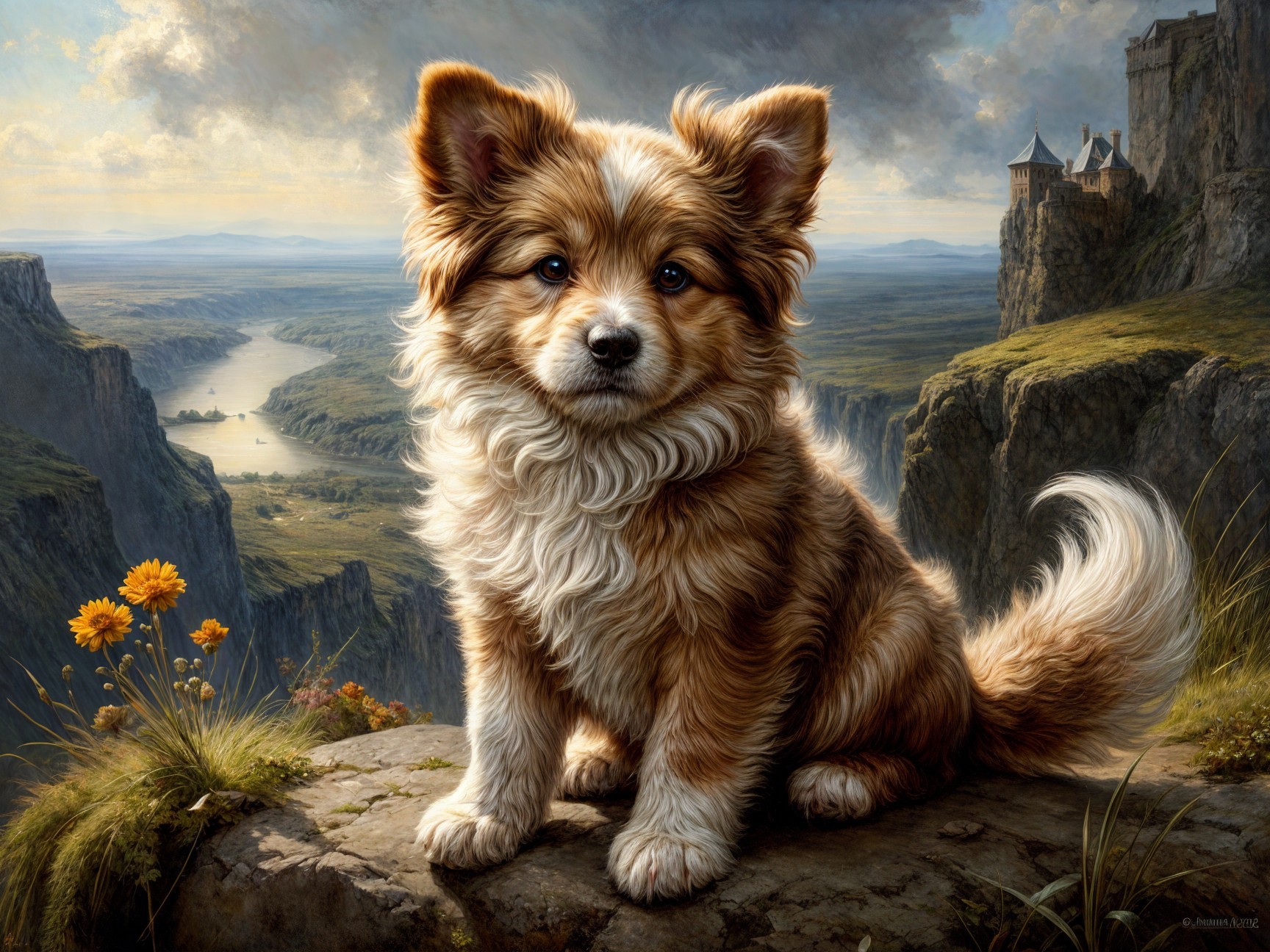 Fluffy Dog on Rocky Ledge Overlooking Scenic Landscape