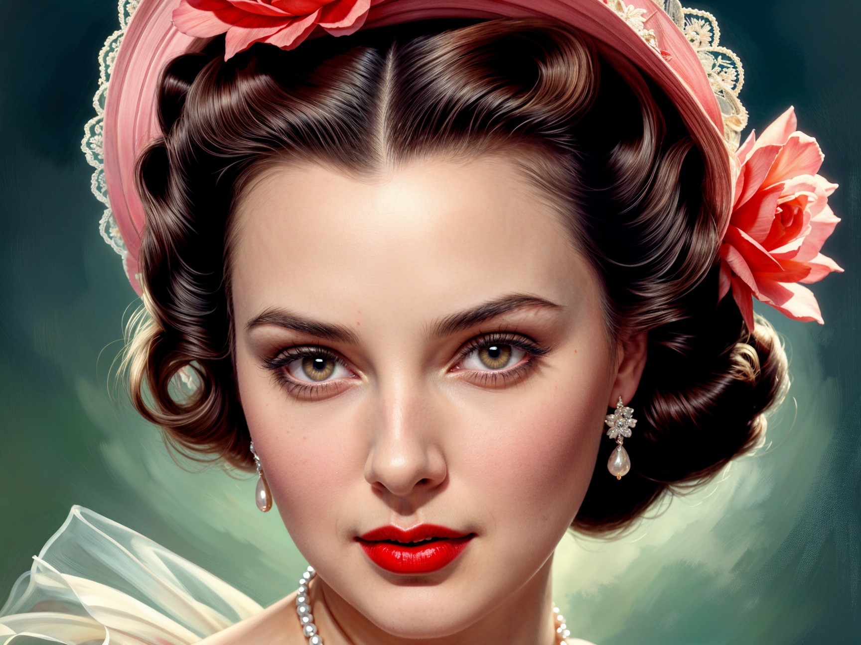 Vintage Portrait of a Woman with Curly Hair and Roses