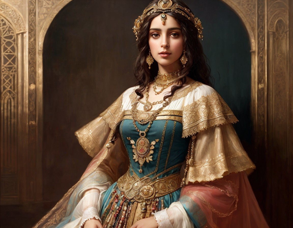 Elegant Historical Costume with Intricate Jewelry