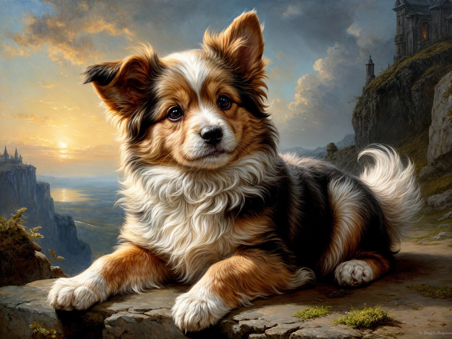 Tri-colored dog on rocky ledge with sunset backdrop