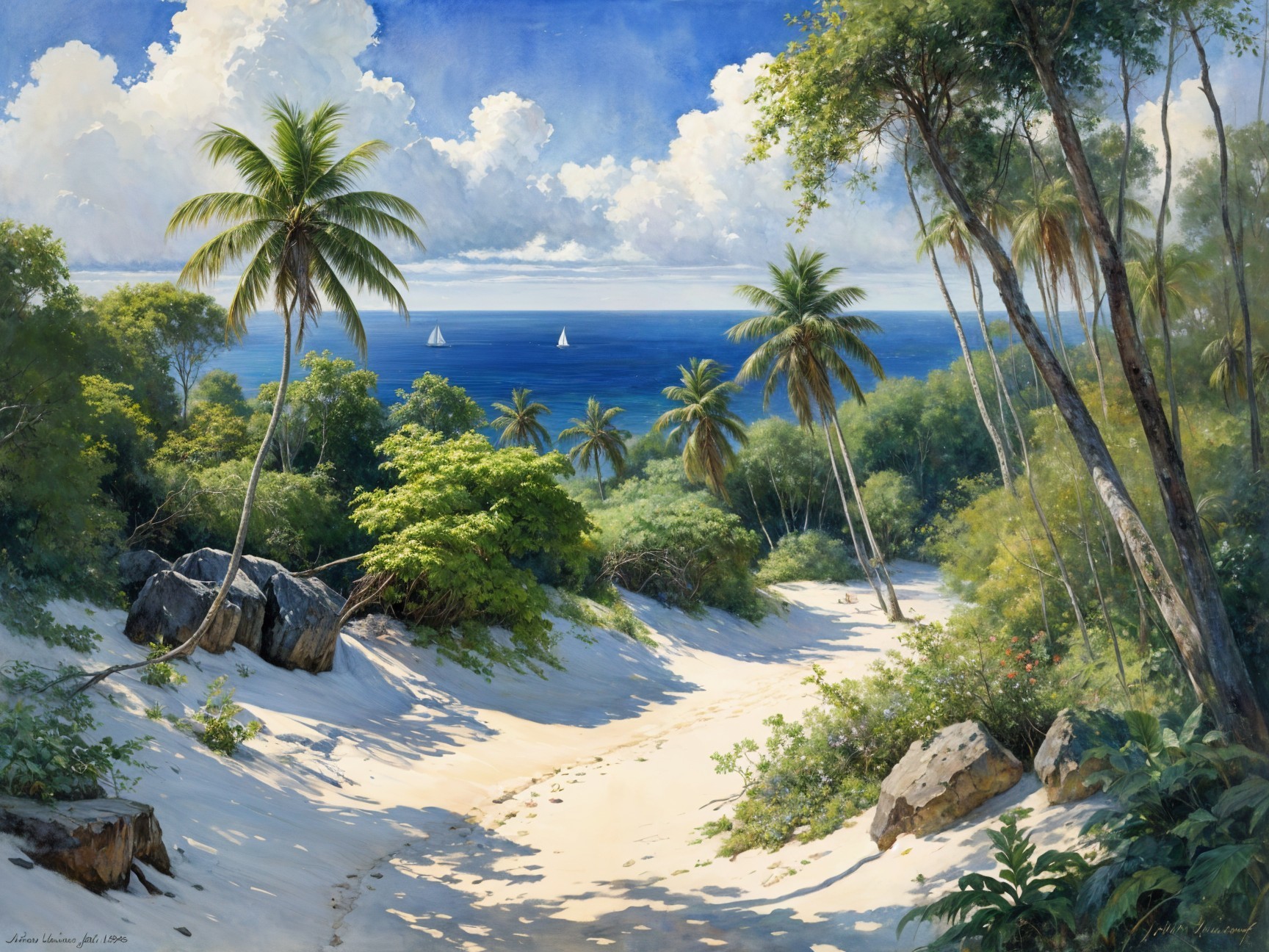 Tropical Landscape with Sandy Path and Sailboats