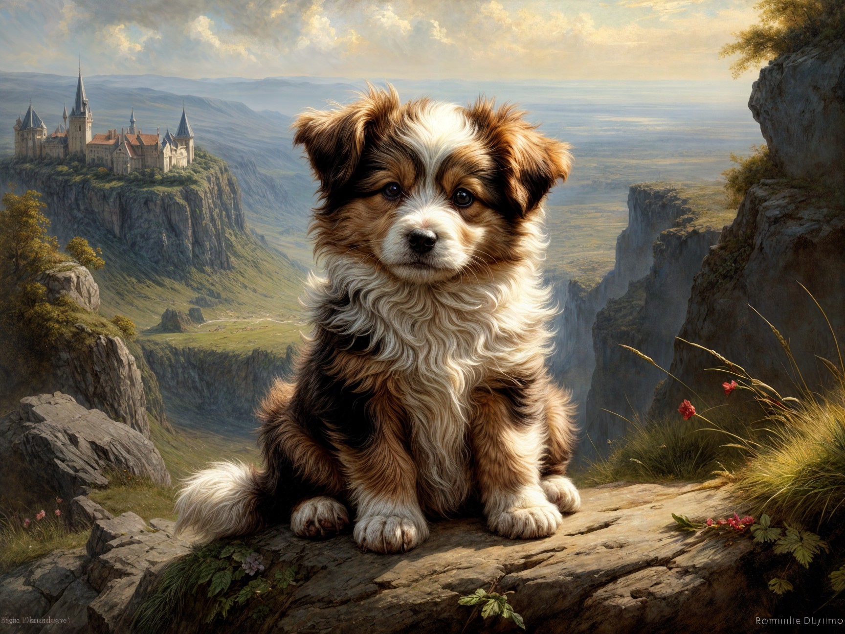 Fluffy Puppy on Rocky Ledge with Scenic Landscape