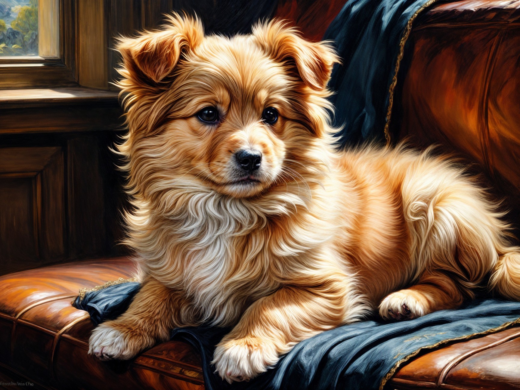 Fluffy Golden-Brown Puppy on Dark Leather Couch