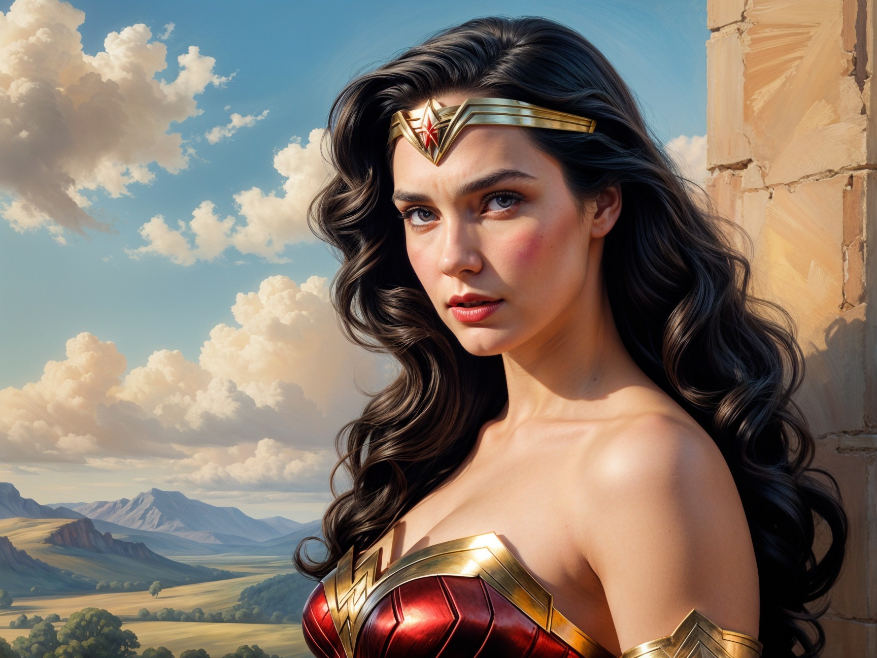 Superhero Woman in Red Bodice with Gold Accents