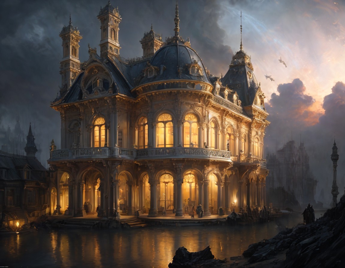 Opulent Baroque Mansion on Waterfront at Dusk