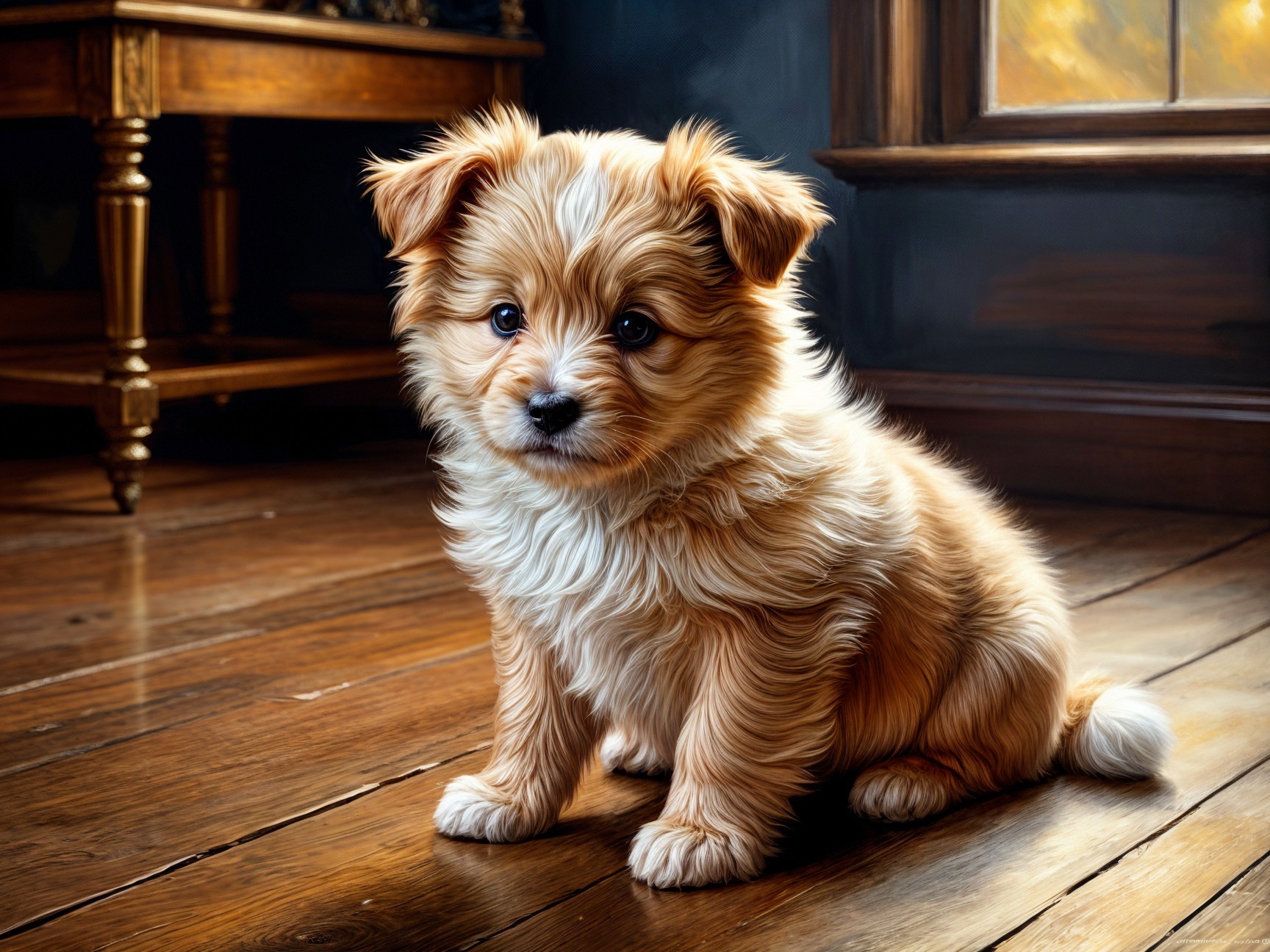 Fluffy Golden-Brown Puppy on Wooden Floor