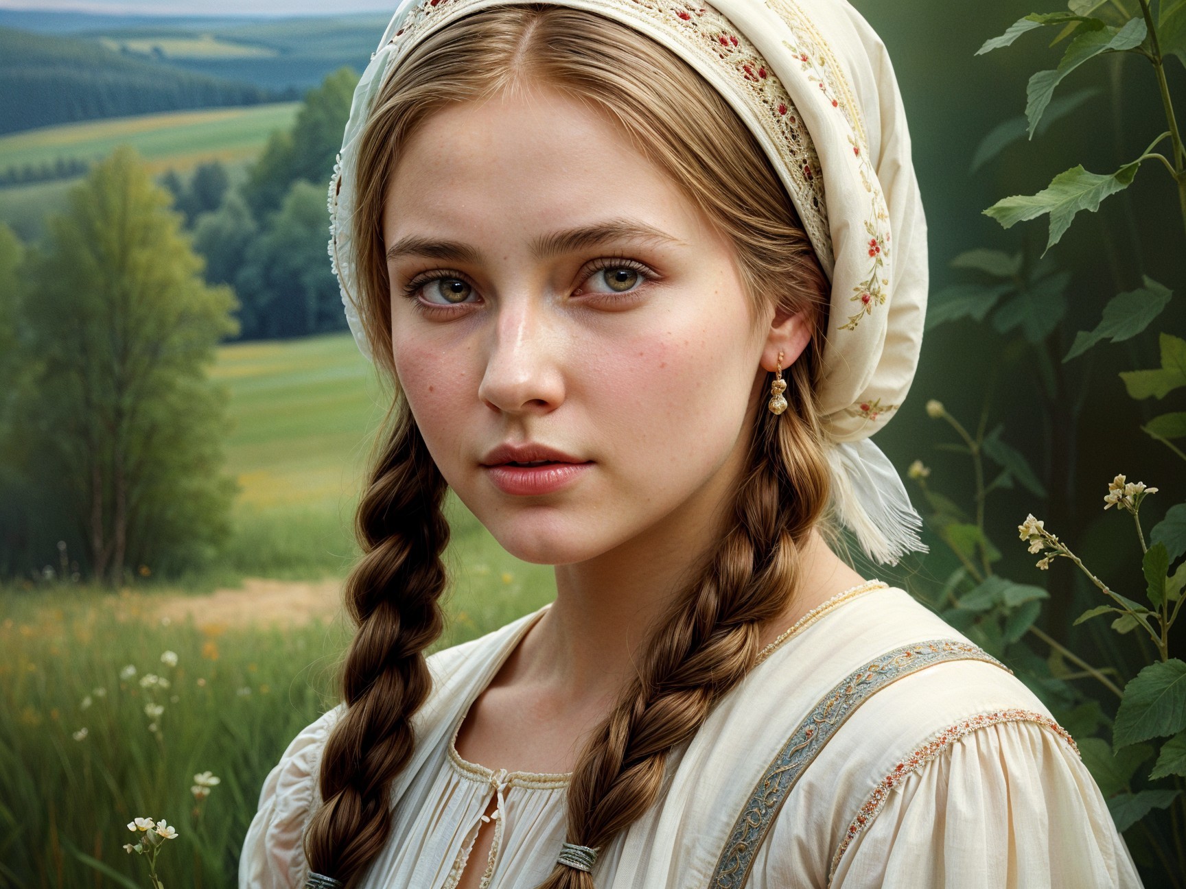 Young Woman in Traditional Dress in Green Landscape