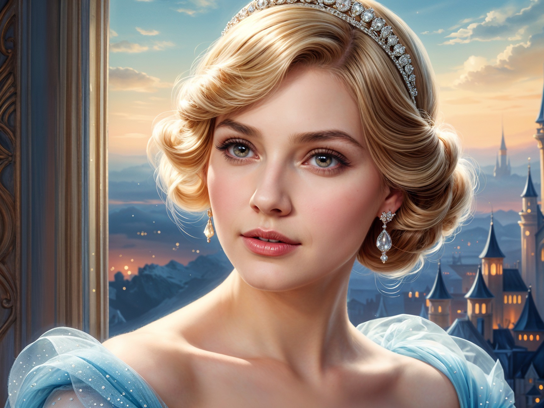 Young woman in blue gown with tiara at sunset castle