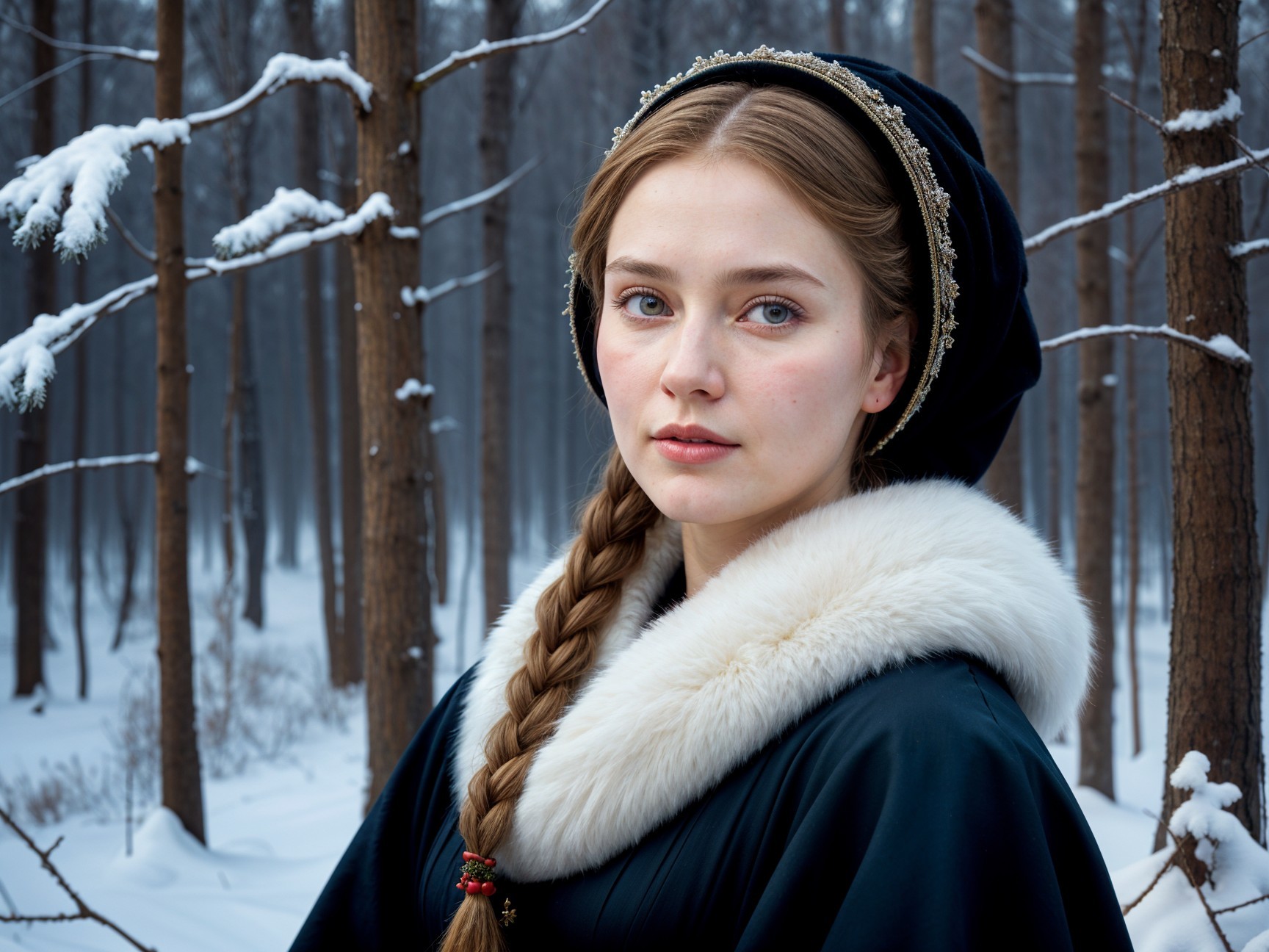 Young woman in snowy forest with elegant attire