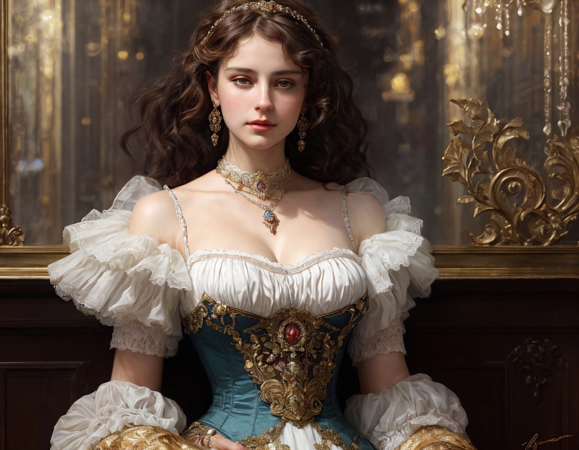 Elegant Woman in Lavish Gown with Gold Details