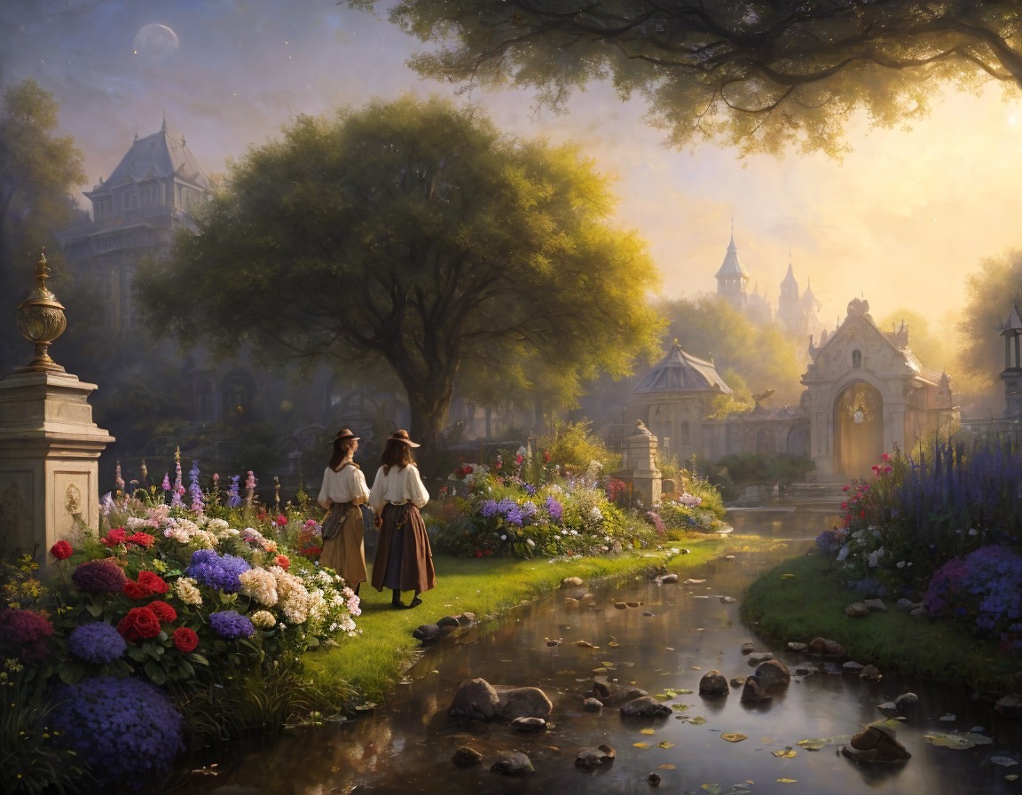 Tranquil garden scene with people by stream and classical architecture