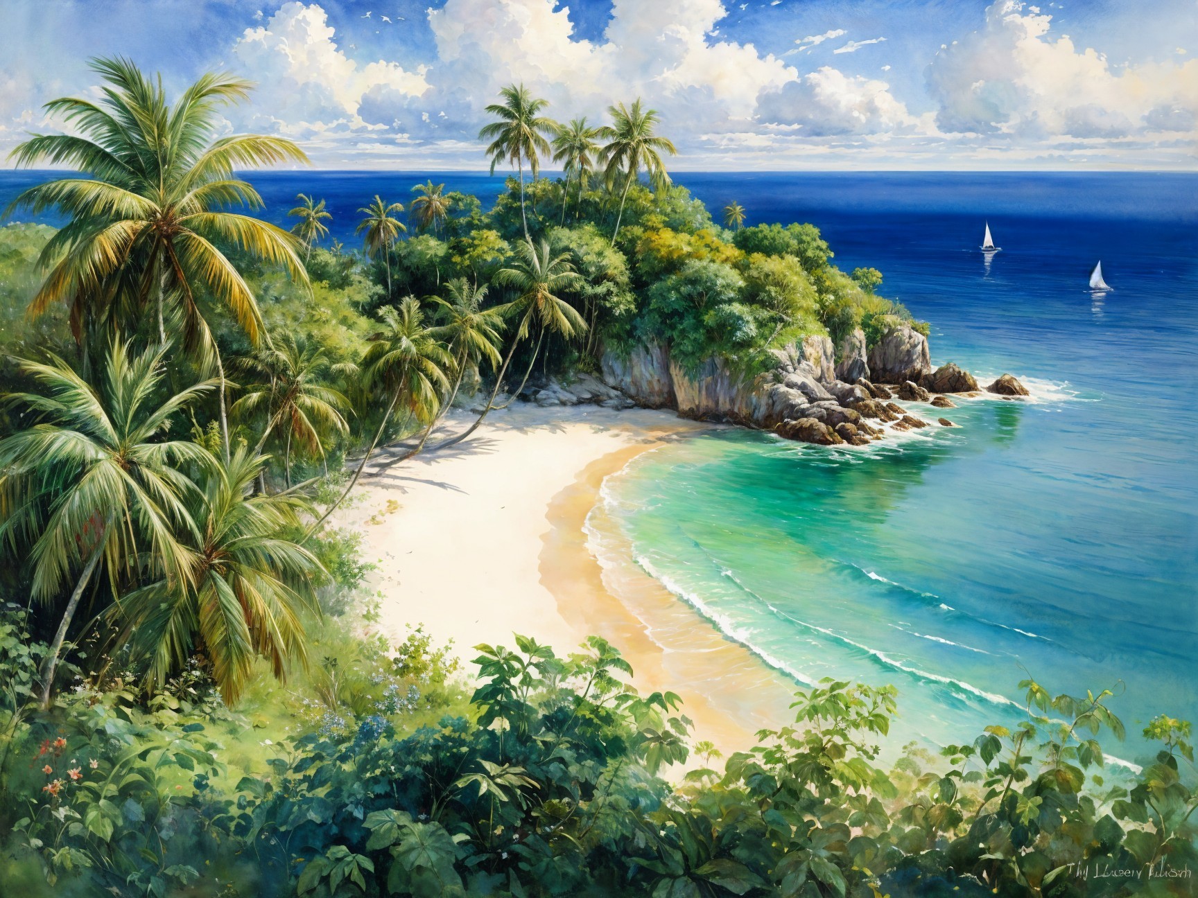 Tropical Beach Scene with Sand, Palm Trees, and Waves