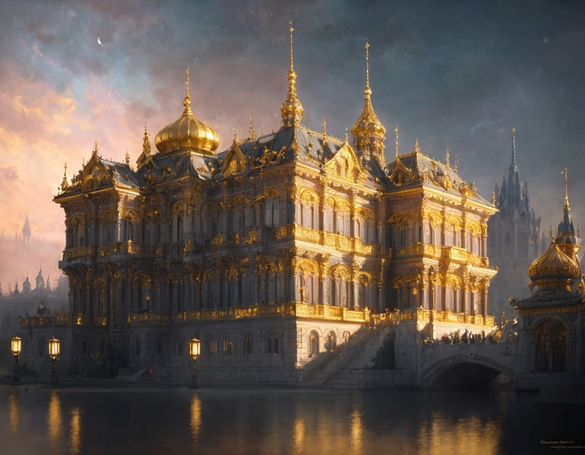 Opulent palace with golden domes and intricate architecture