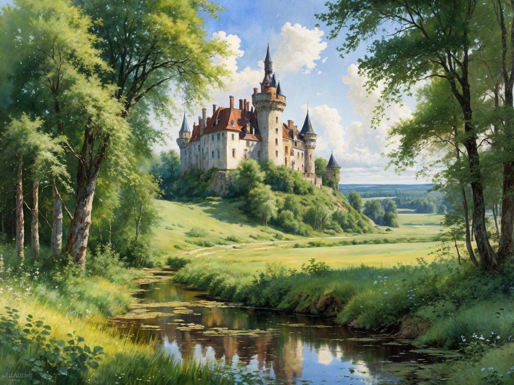 Majestic castle on a green hill with serene landscape