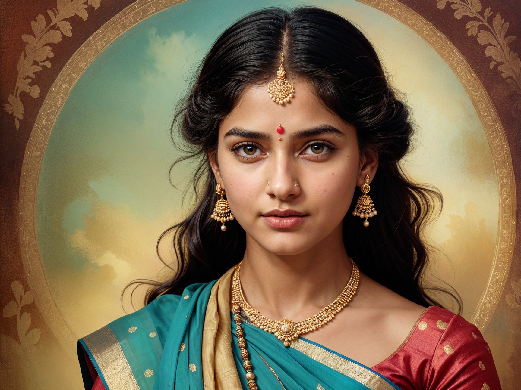 Young woman in colorful saree with traditional jewelry